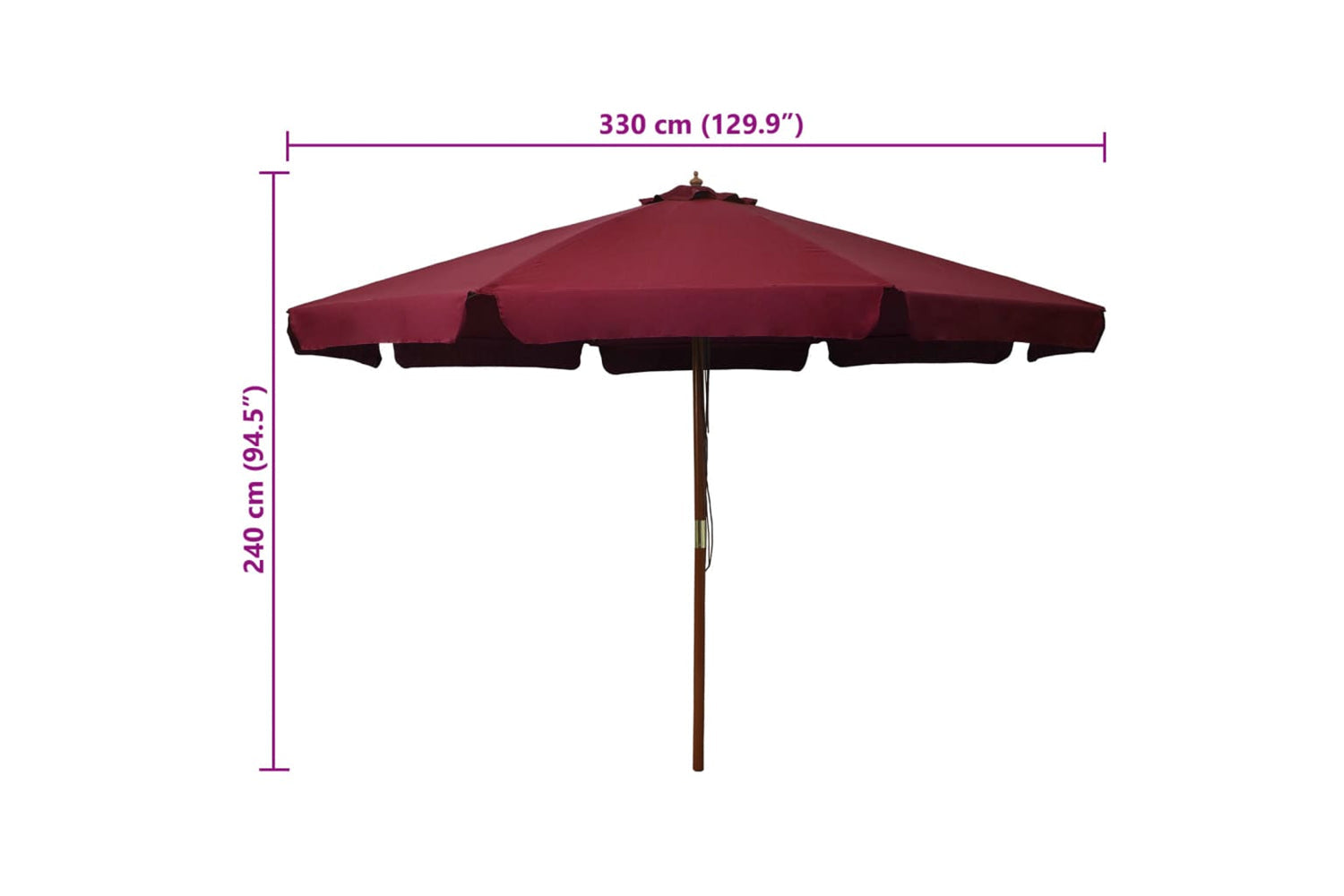 vidaXL 47216 Outdoor Parasol With Wooden Pole 330cm Burgundy-5