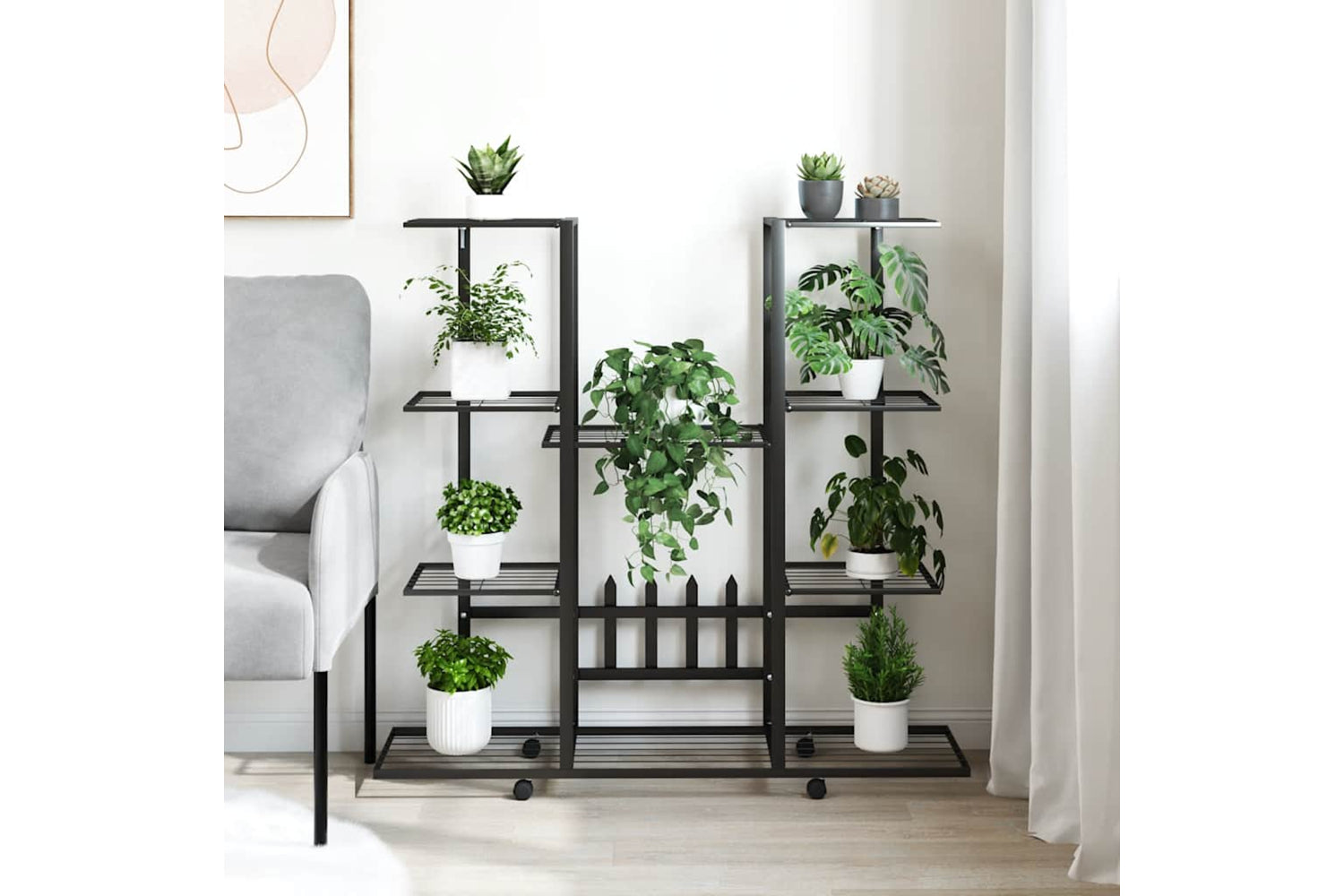 vidaXL 343121 Flower Stand With Wheels 94.5x24.5x91.5cm Black Iron-2