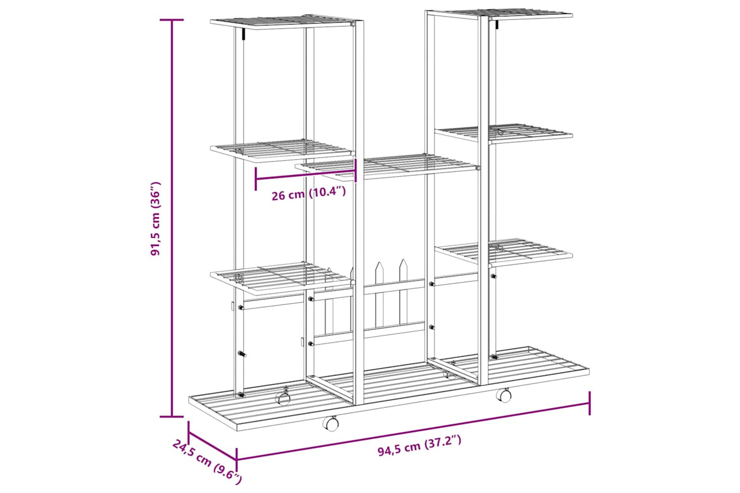 vidaXL 343121 Flower Stand With Wheels 94.5x24.5x91.5cm Black Iron-8