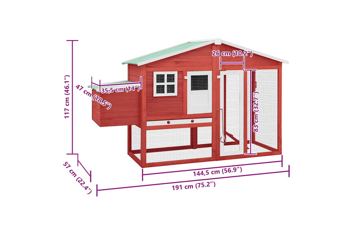 Vidaxl 170867 Chicken Coop With Nest Box Red And White Solid Fir Wood-9