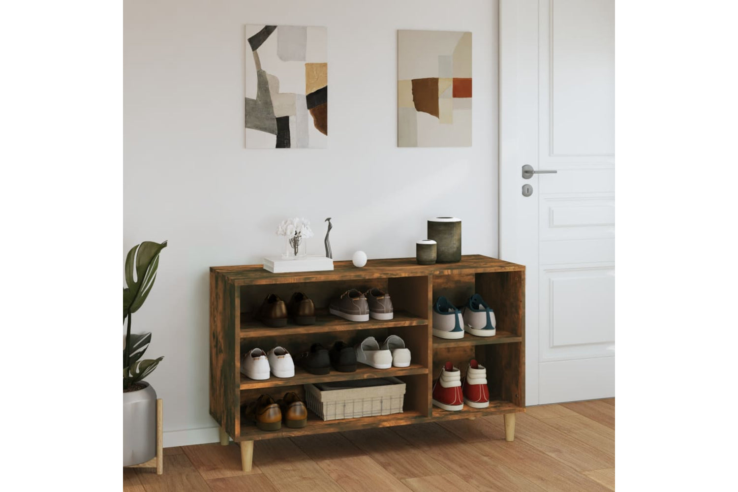 vidaXL 819745 Shoe Cabinet Smoked Oak 102x36x60cm Engineered Wood-2