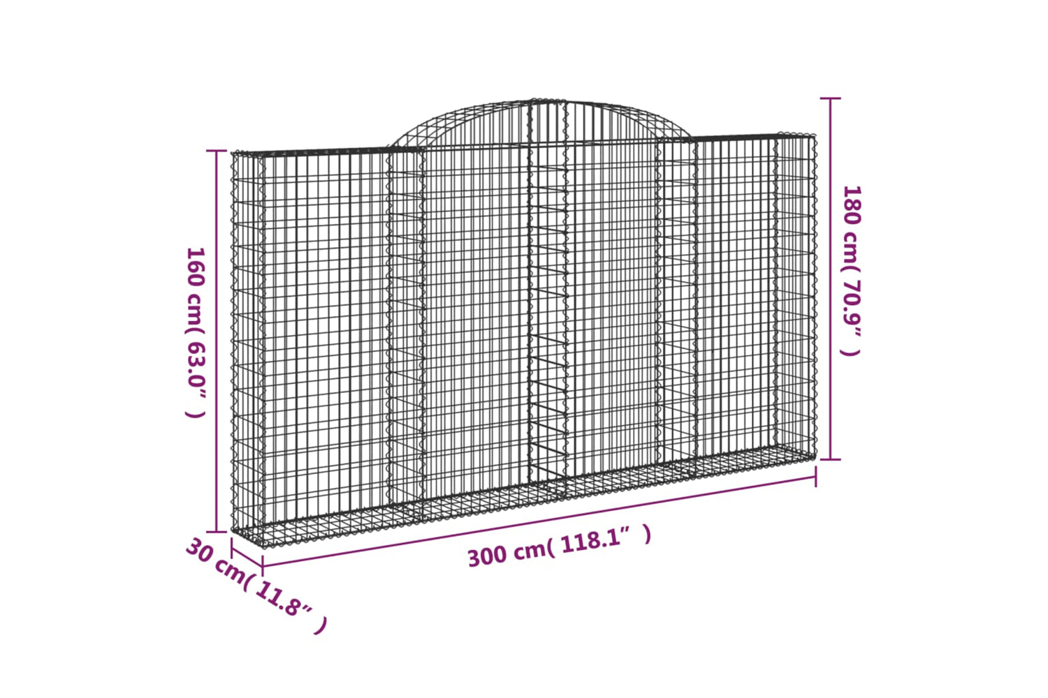 vidaXL 3146576 Arched Gabion Baskets 3 Pcs 300x30x160/180cm Galvanised Iron-5
