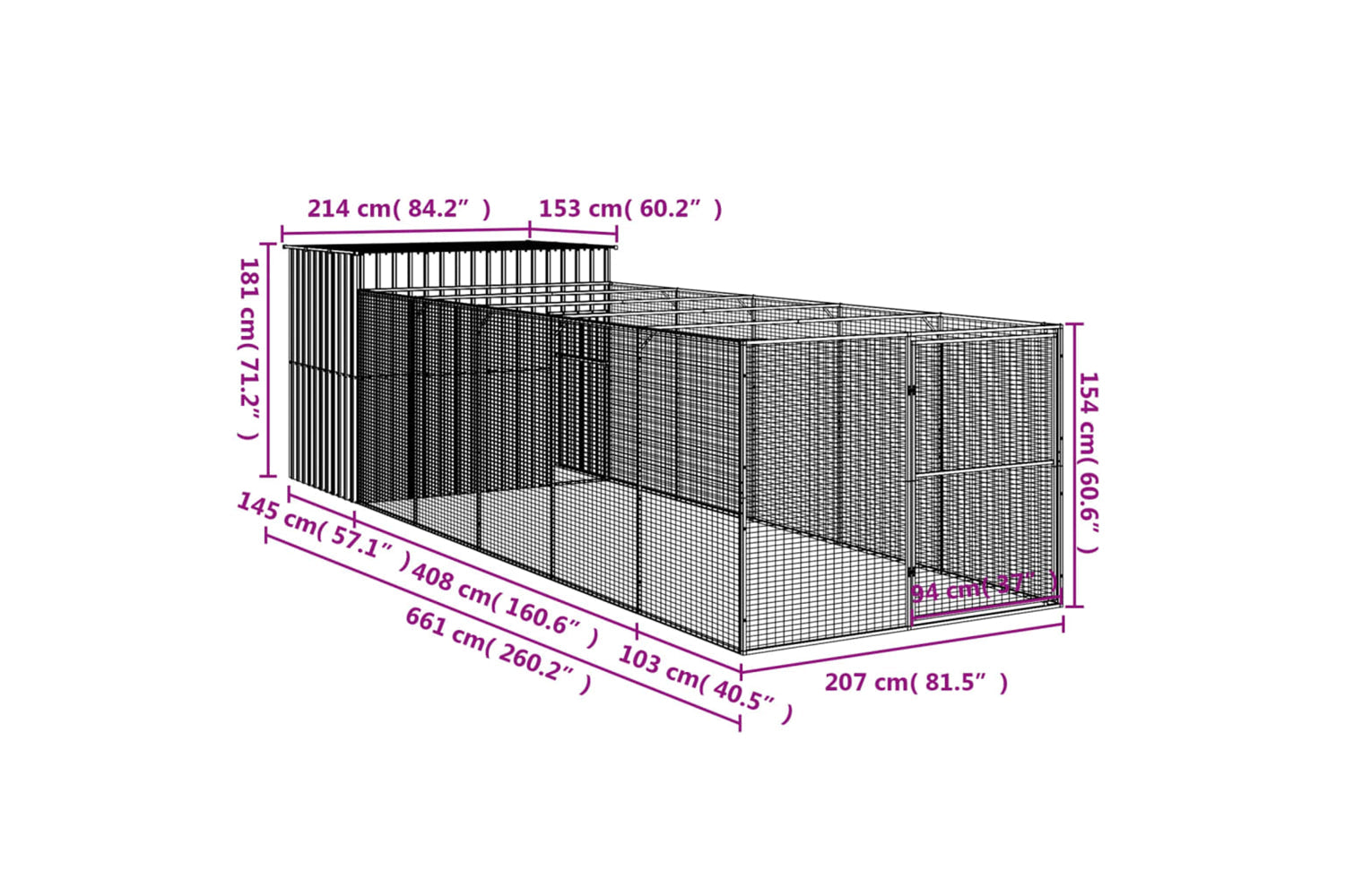 vidaXL 3189127 Dog House With Run Light Grey 214x661x181cm Galvanised Steel-8