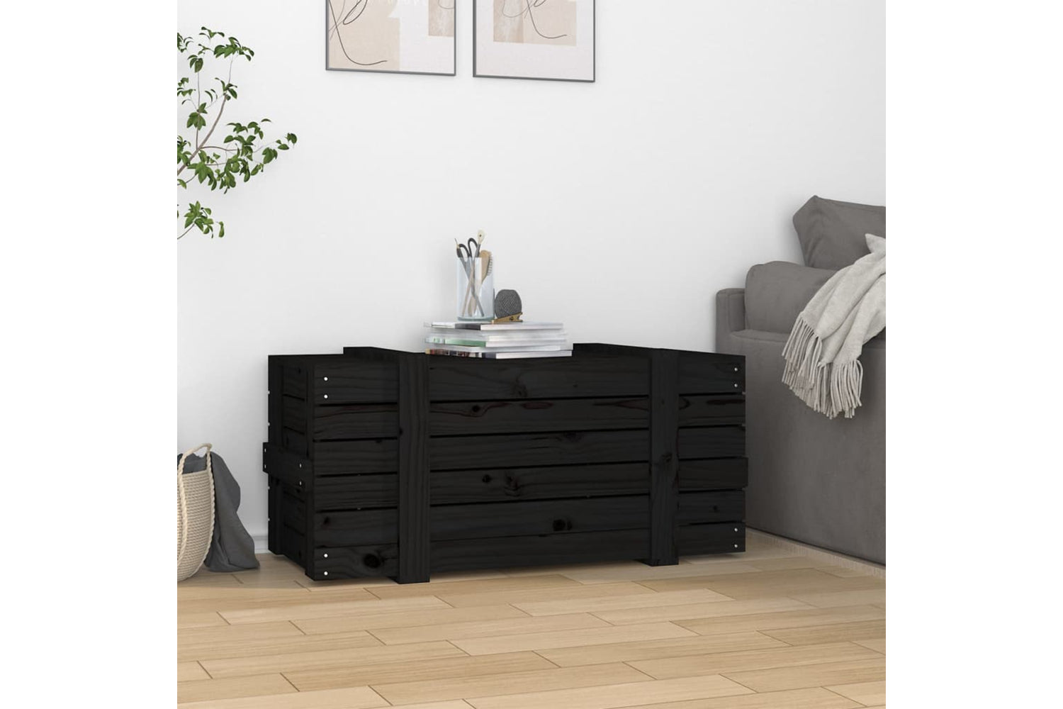 vidaXL 825002 Storage Box Black 91x40.5x42cm Solid Wood Pine-2