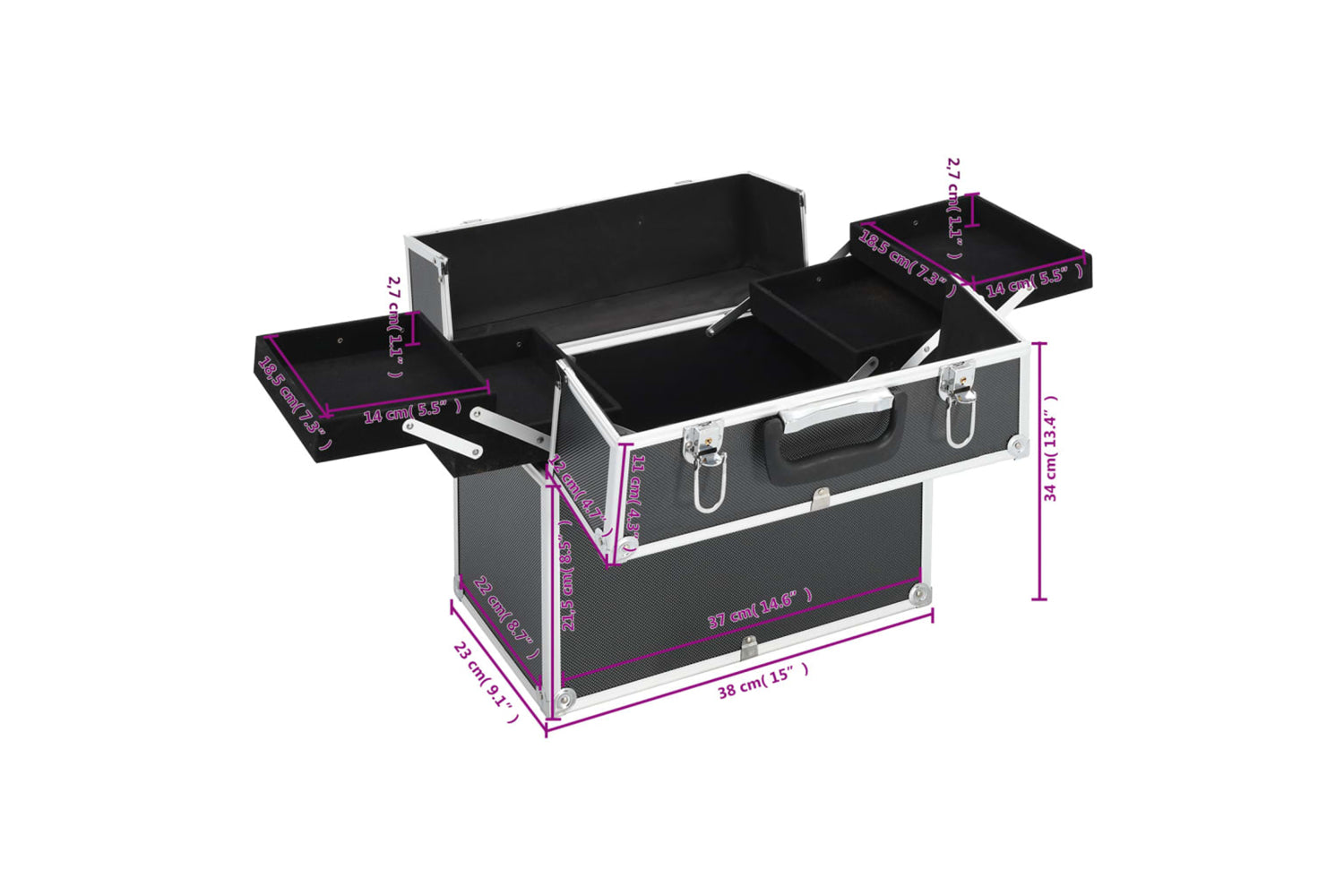 vidaXL 91833 Make-up Case 38x23x34cm Black Aluminium-7