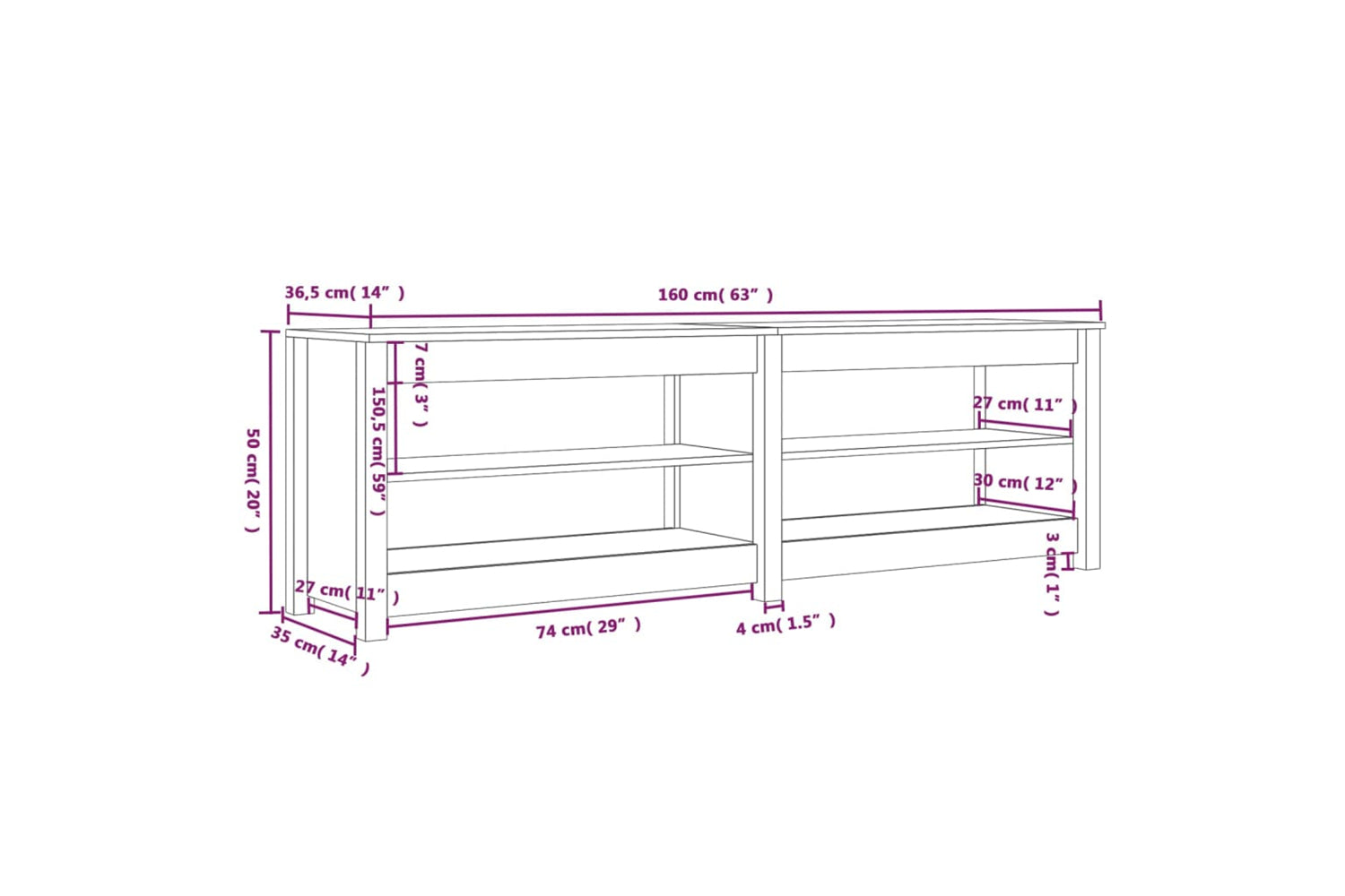 vidaXL 821725 Shoe Bench White 160x36.5x50cm Solid Wood Pine-7