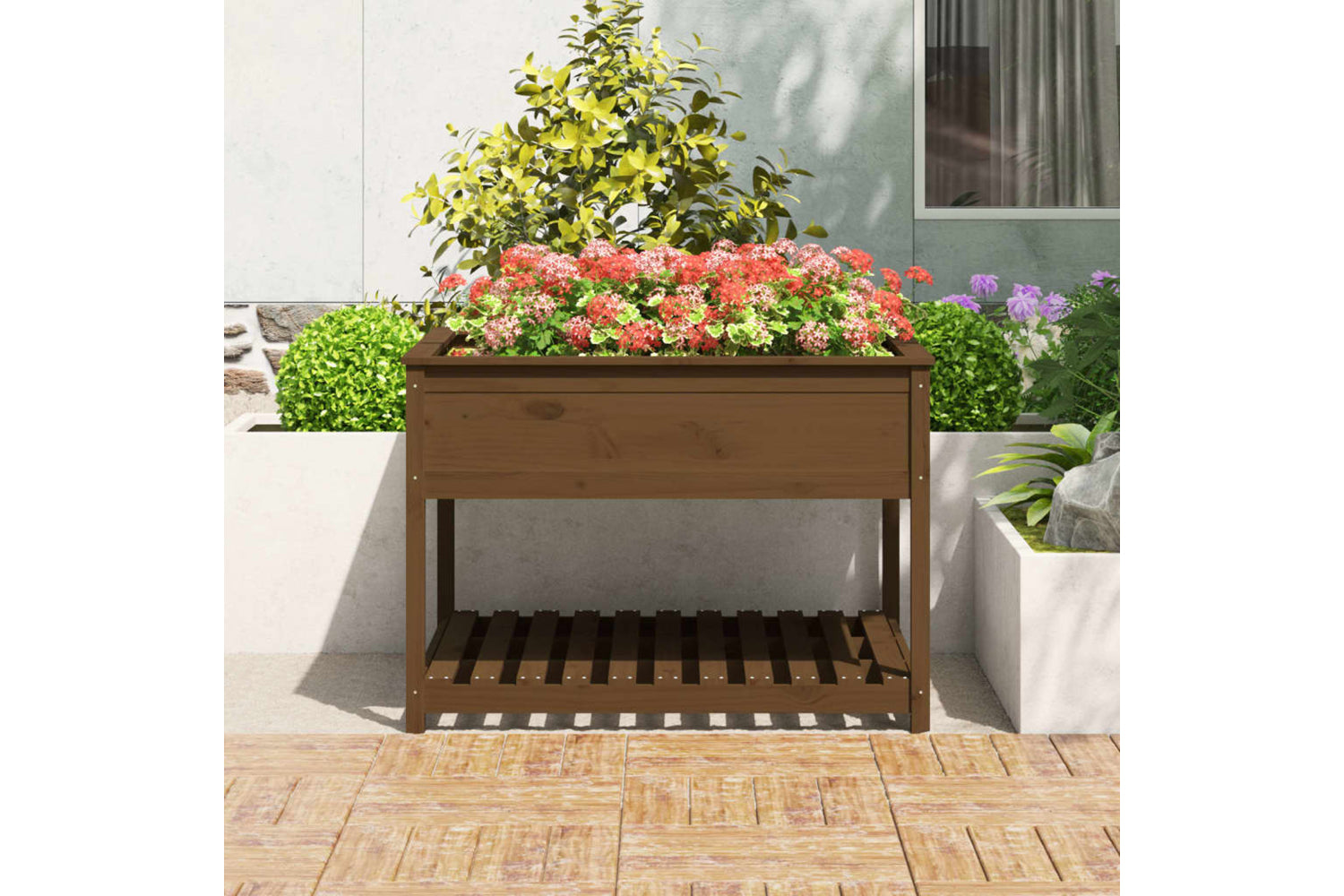 vidaXL 823804 Planter With Shelf Honey Brown 111.5x111.5x81cm Solid Wood Pine-2