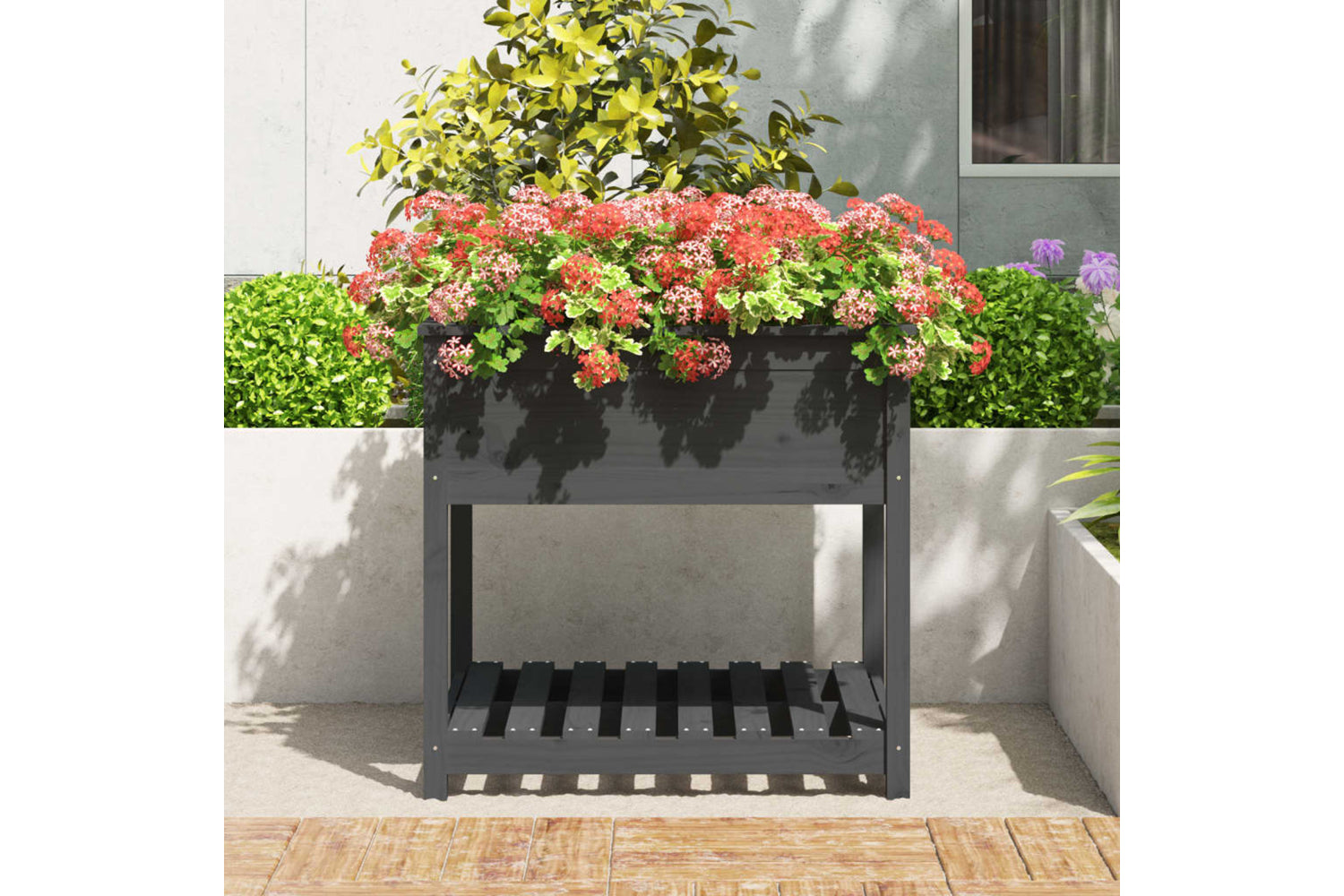 vidaXL 823796 Planter With Shelf Grey 82.5x82.5x81cm Solid Wood Pine-2