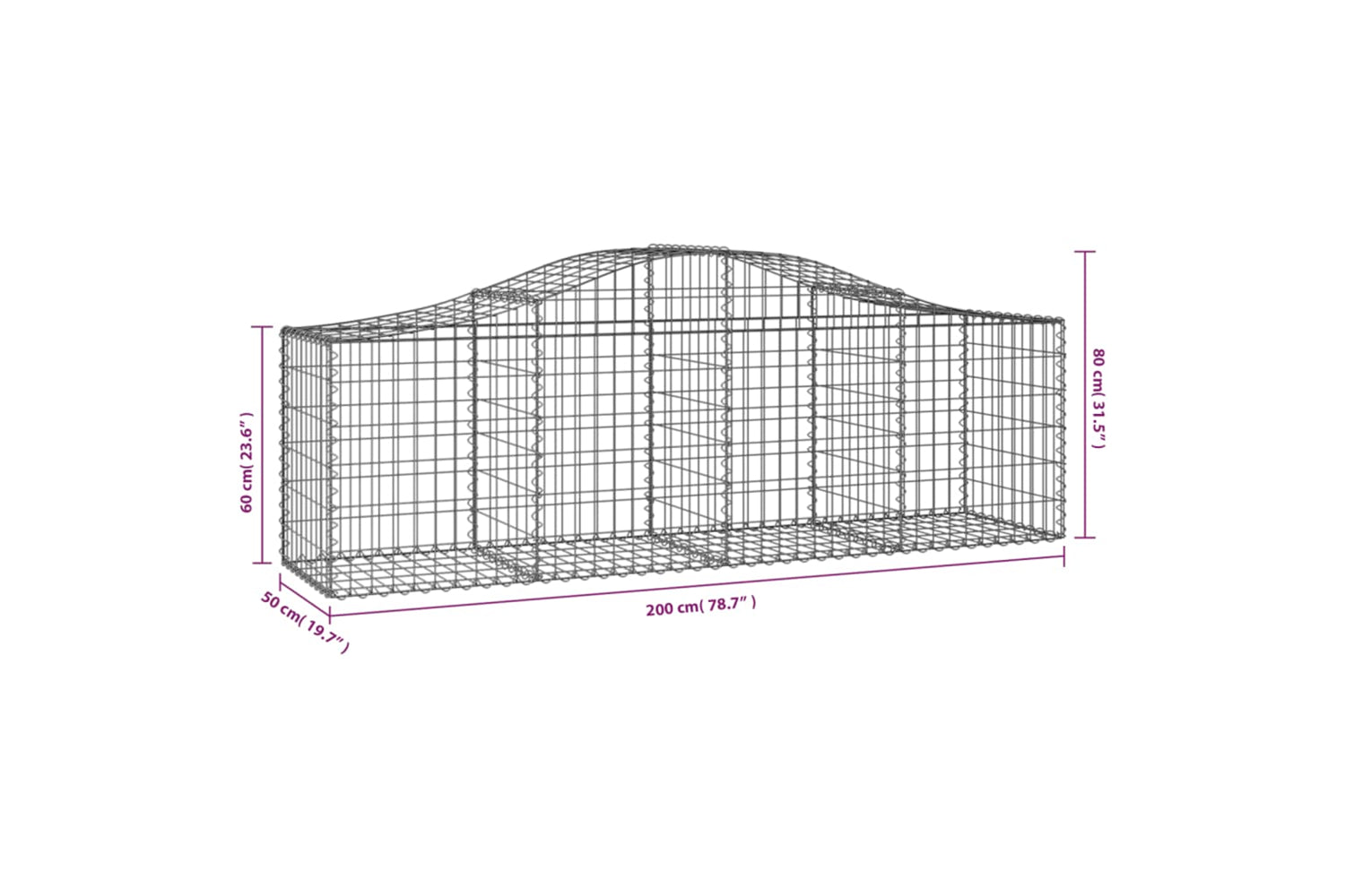 vidaXL 3145599 Arched Gabion Baskets 3 Pcs 200x50x60/80cm Galvanised Iron-5