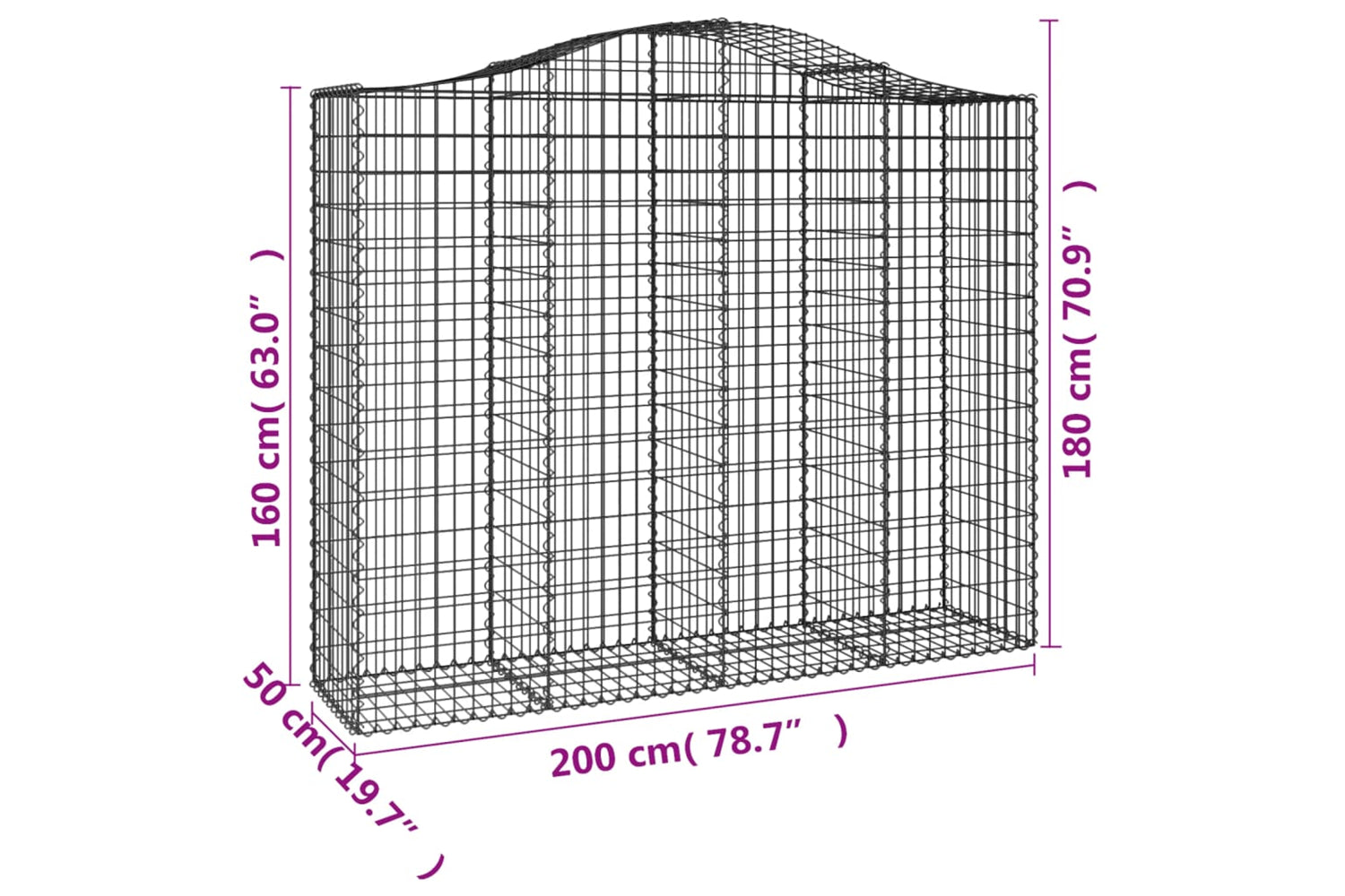 vidaXL 3145703 Arched Gabion Baskets 2 Pcs 200x50x160/180cm Galvanised Iron-5