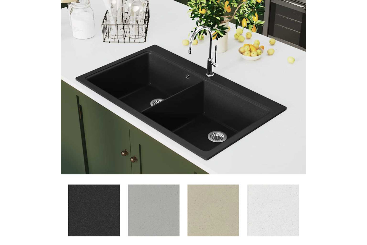 Vidaxl Overmount Kitchen Sink Double Basin Granite Black-2