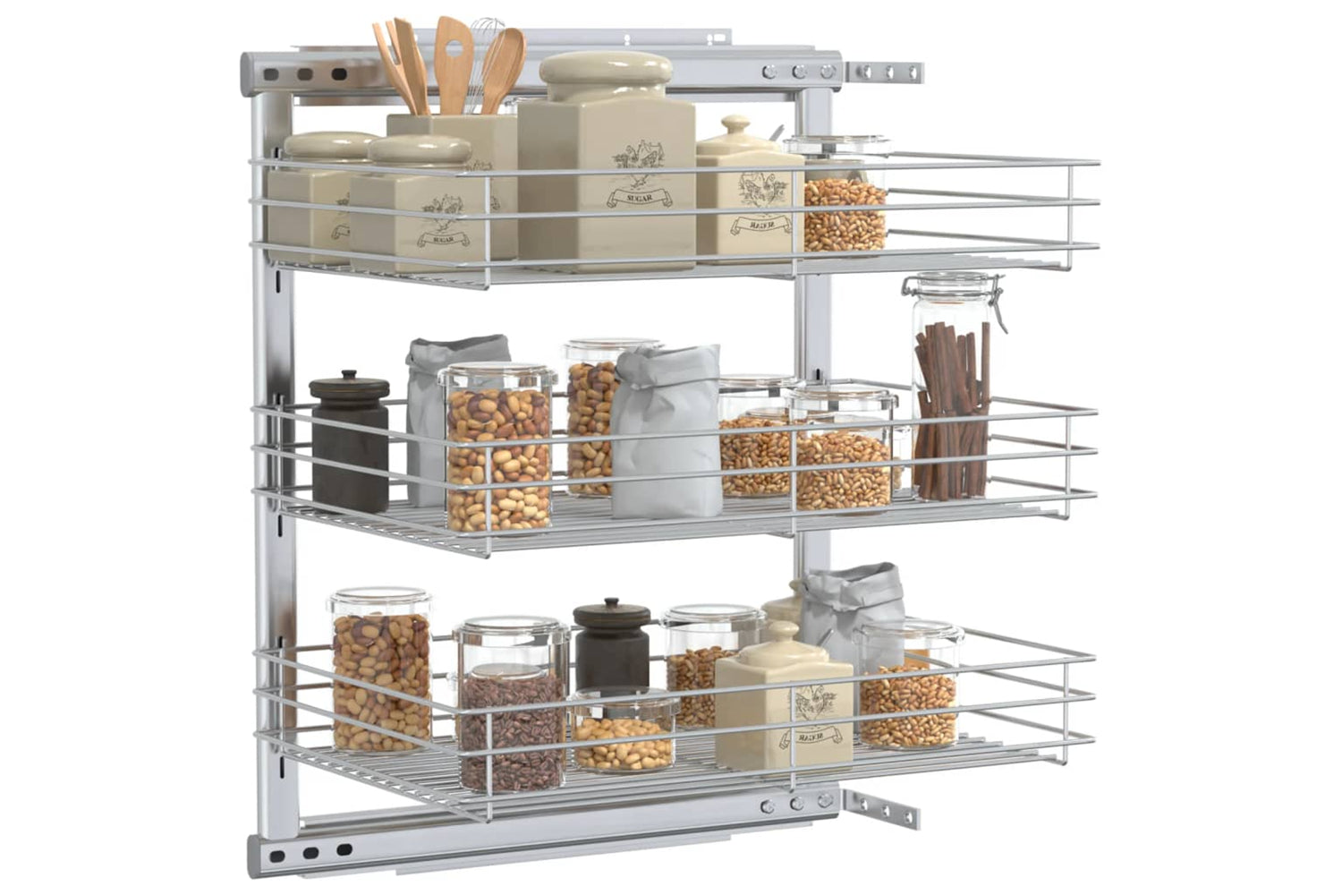 vidaXL 50970 3-tier Pull-out Kitchen Wire Basket Silver 47x35x56cm-2