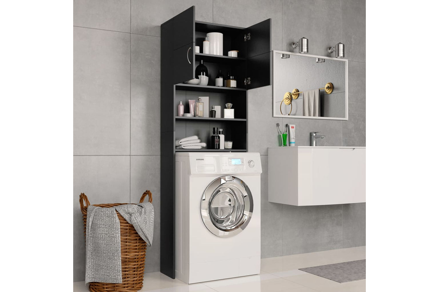 vidaXL 800028 Washing Machine Cabinet Black 64x25.5x190cm Engineered Wood-2