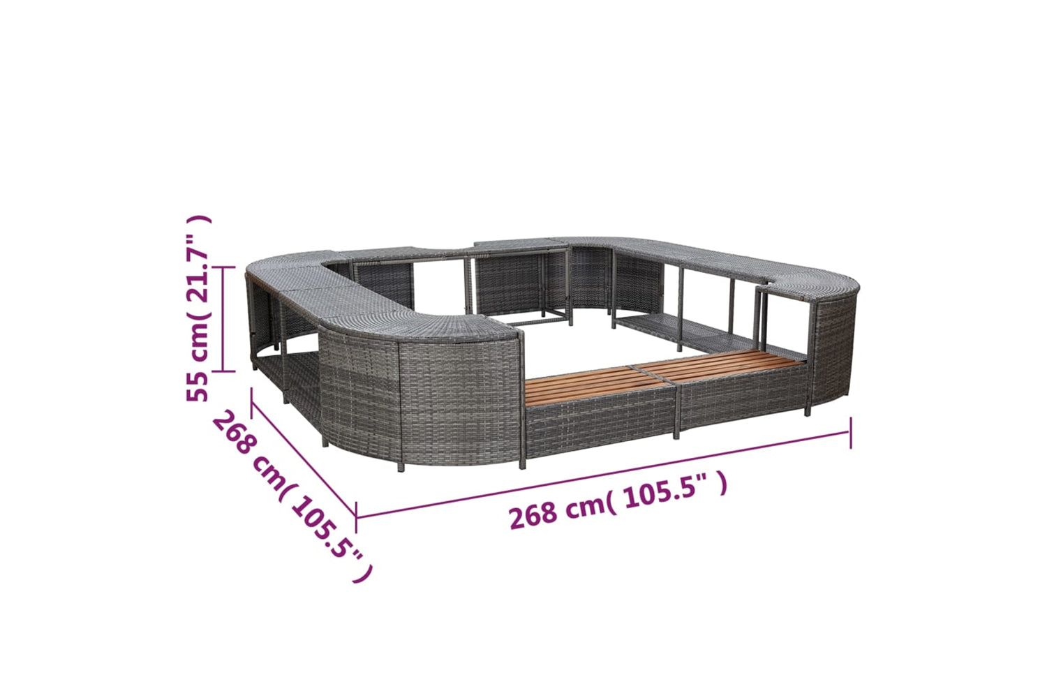 vidaXL 46074 Square Spa Surround Grey 268 X 268 X 55cm Poly Rattan-7