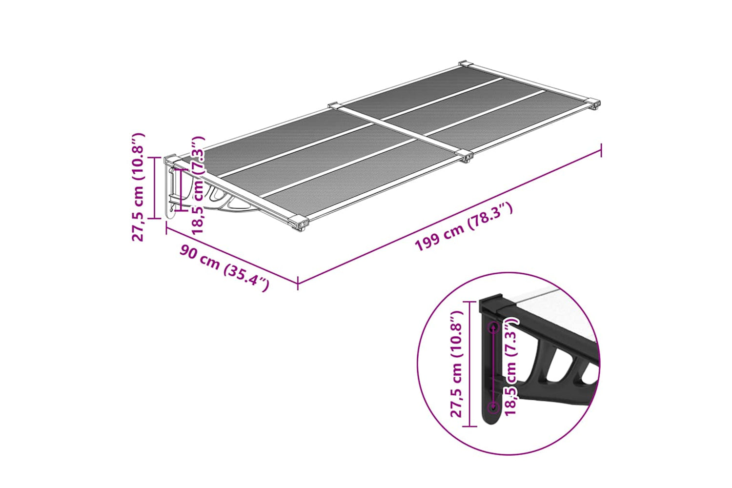 Vidaxl Door Canopy Black And Transparent 199x90 Cm Polycarbonate-5