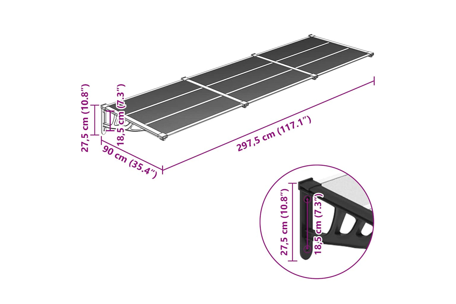 Vidaxl Door Canopy Black And Transparent 297.5x90 Cm Polycarbonate-5