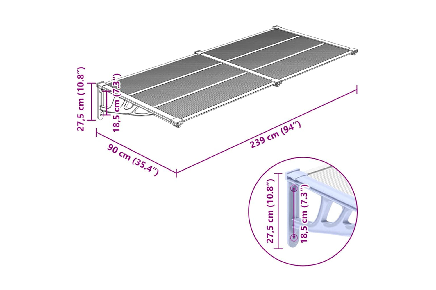 Vidaxl Door Canopy Grey And Transparent 239x90 Cm Polycarbonate-5