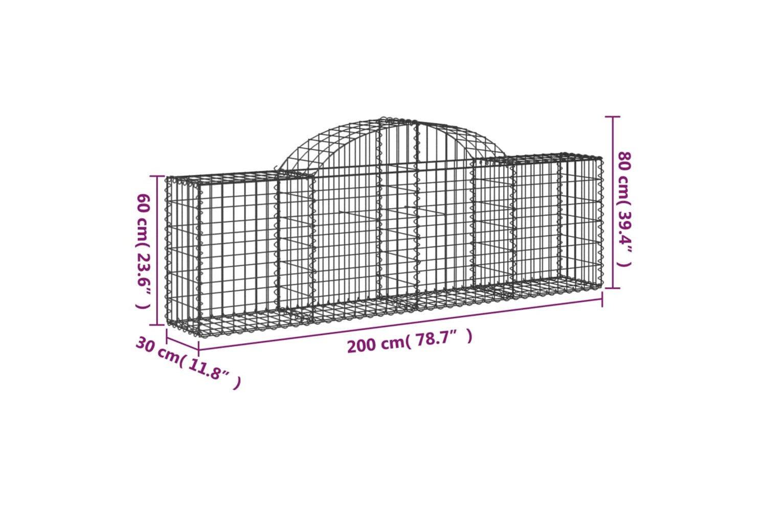 vidaXL 3146068 Arched Gabion Baskets 2 Pcs 200x30x60/80cm Galvanised Iron-5