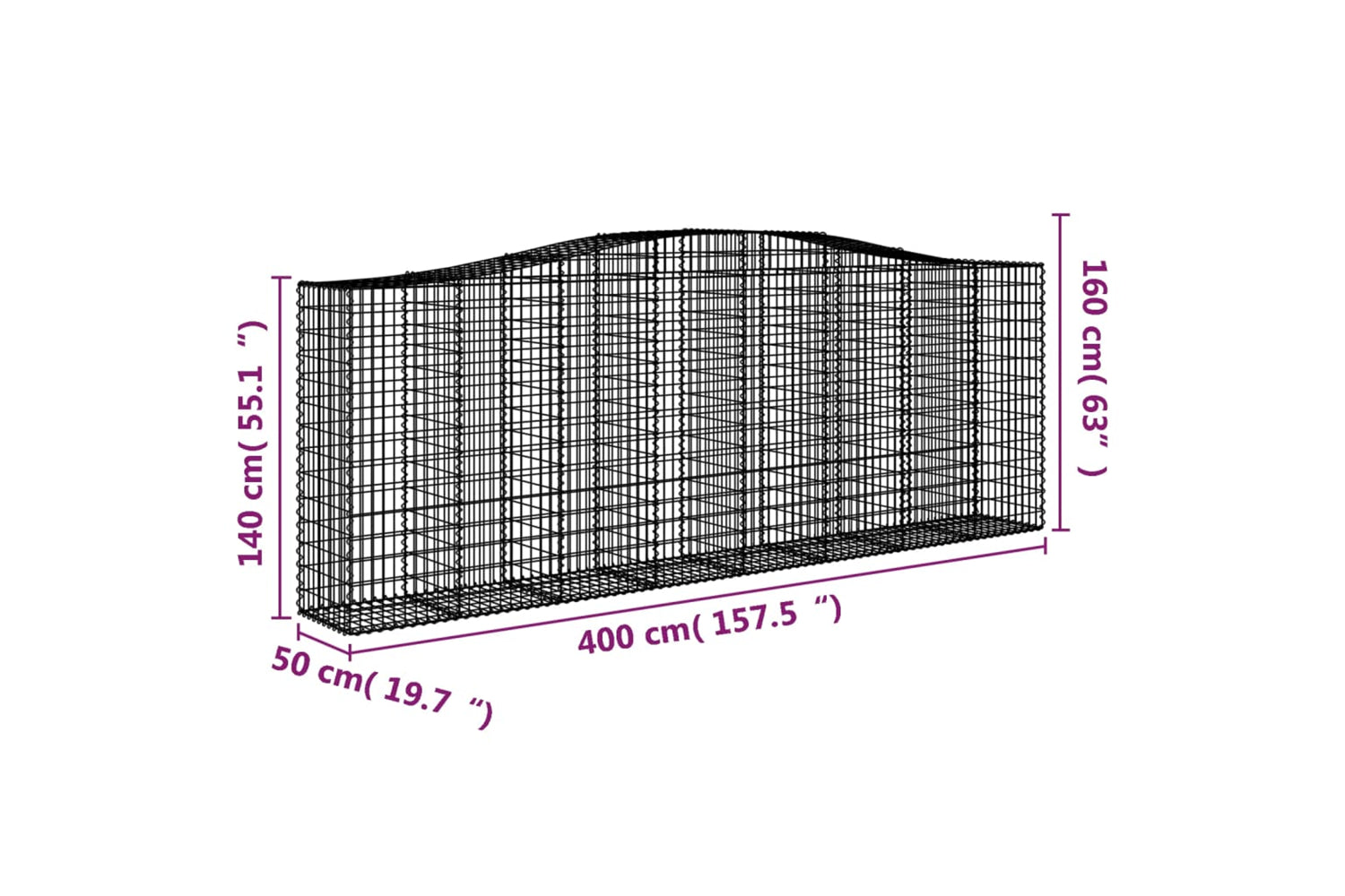 vidaXL 3145982 Arched Gabion Baskets 2 Pcs 400x50x140/160cm Galvanised Iron-5