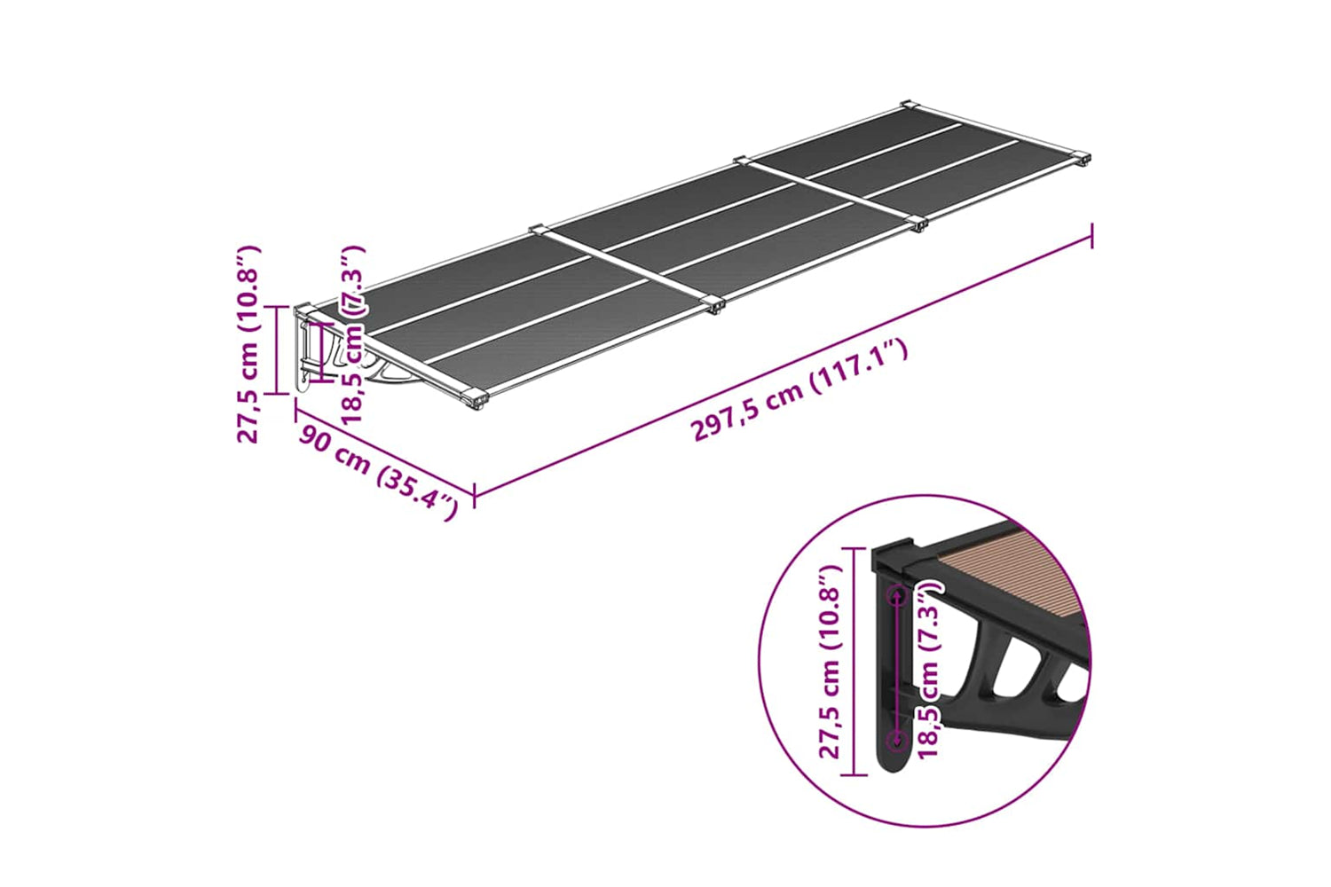 Vidaxl Door Canopy Black 297.5x90 Cm Polycarbonate-5