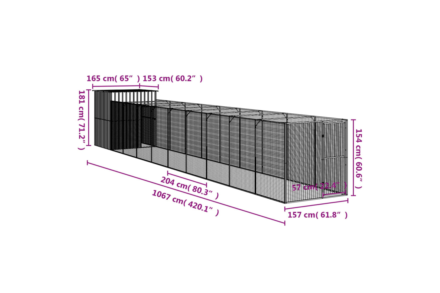 vidaXL 3189102 Dog House With Run Anthracite 165x1067x181cm Galvanised Steel-7