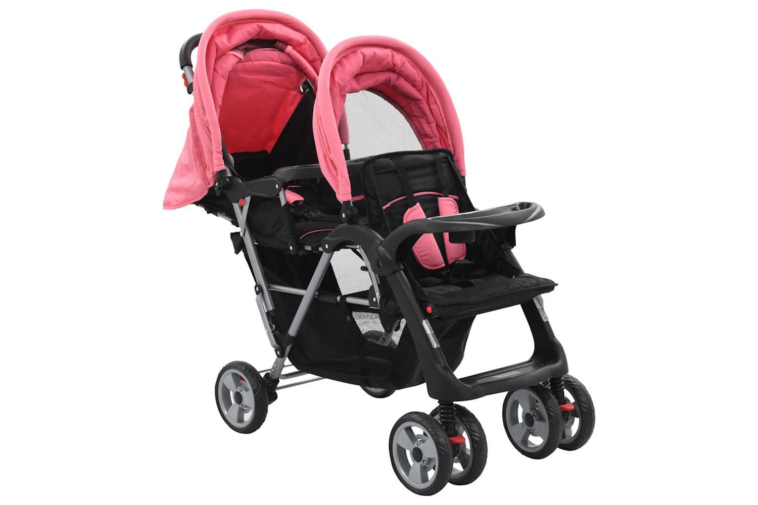 Vidaxl Tandem Stroller | Pink/Black Steel-2