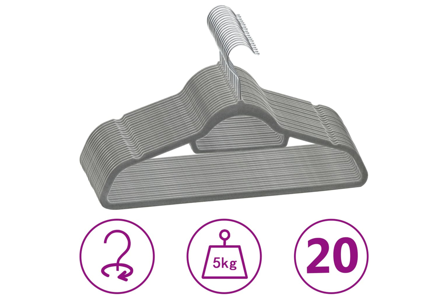 Vidaxl 289917 20 Pcs Clothes Hanger Set Anti-slip Grey Velvet