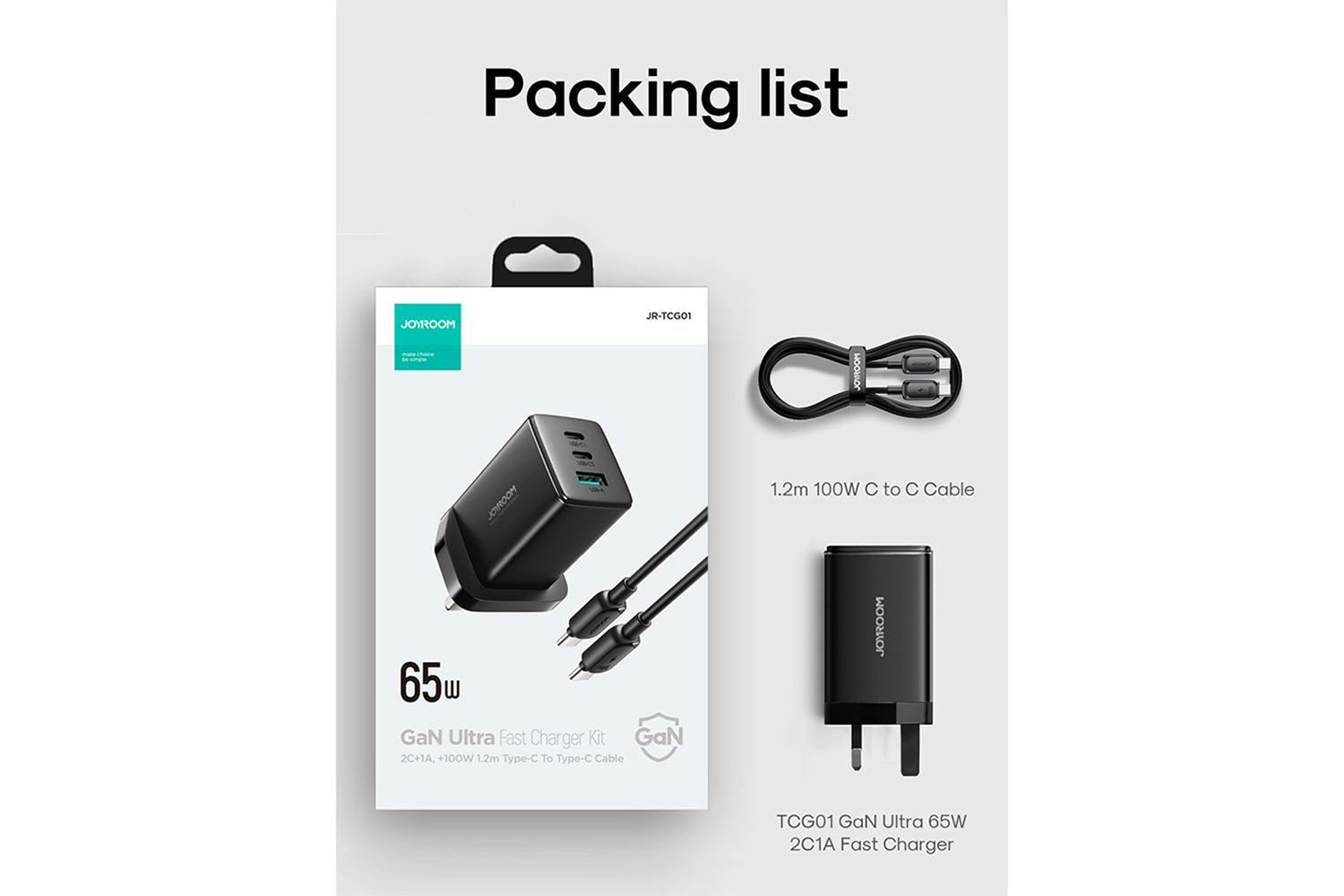 Joyroom 2C1A 65W Fast Charger +100W C to C Cable | 1.2m | Black-8