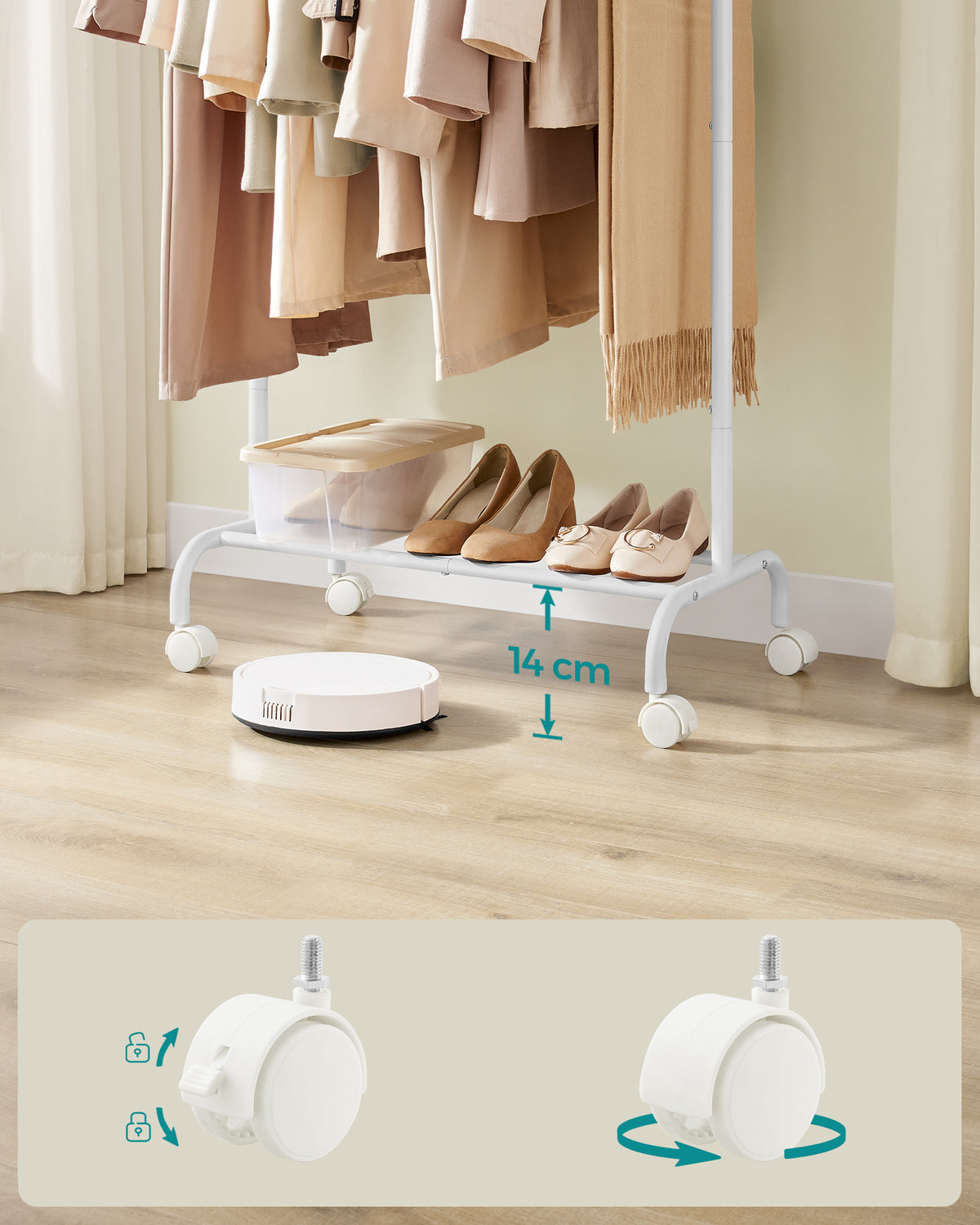 Extendable Clothes Rack With Wheels | Clothes Storage | Steel | White-5