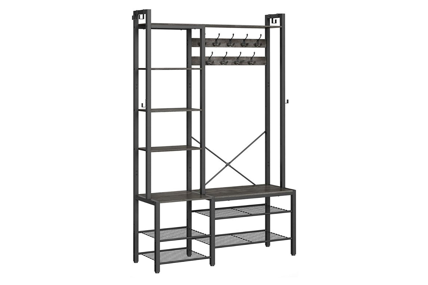 Vasagle Hall Tree With Bench And Shoe Storage, Entryway Coat Rack With Shoe Bench, 5 Storage Shelves, 9 Coat Hooks, 6 Side Hooks, 15.7 X 47.2 X 74.8 Inches, Stone Gray And Ink Black Hsr426b04