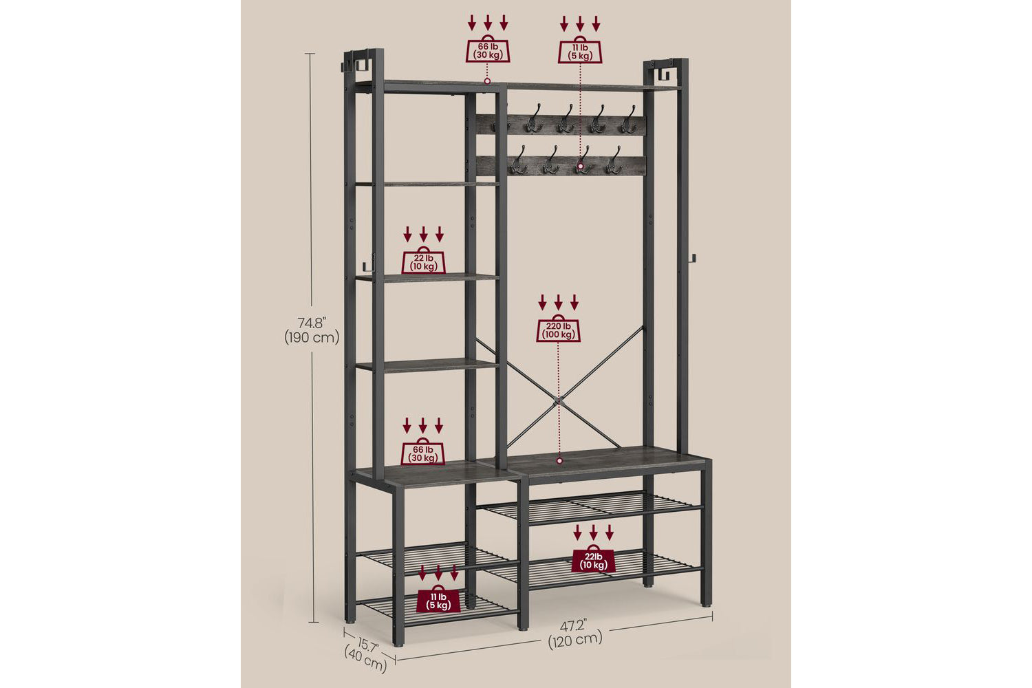 Vasagle Hall Tree With Bench And Shoe Storage, Entryway Coat Rack With Shoe Bench, 5 Storage Shelves, 9 Coat Hooks, 6 Side Hooks, 15.7 X 47.2 X 74.8 Inches, Stone Gray And Ink Black Hsr426b04-2