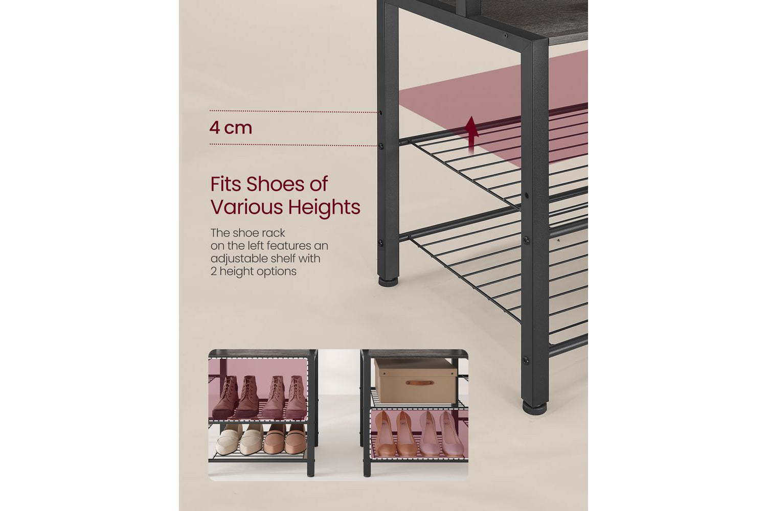 Vasagle Hall Tree With Bench And Shoe Storage, Entryway Coat Rack With Shoe Bench, 5 Storage Shelves, 9 Coat Hooks, 6 Side Hooks, 15.7 X 47.2 X 74.8 Inches, Stone Gray And Ink Black Hsr426b04-3
