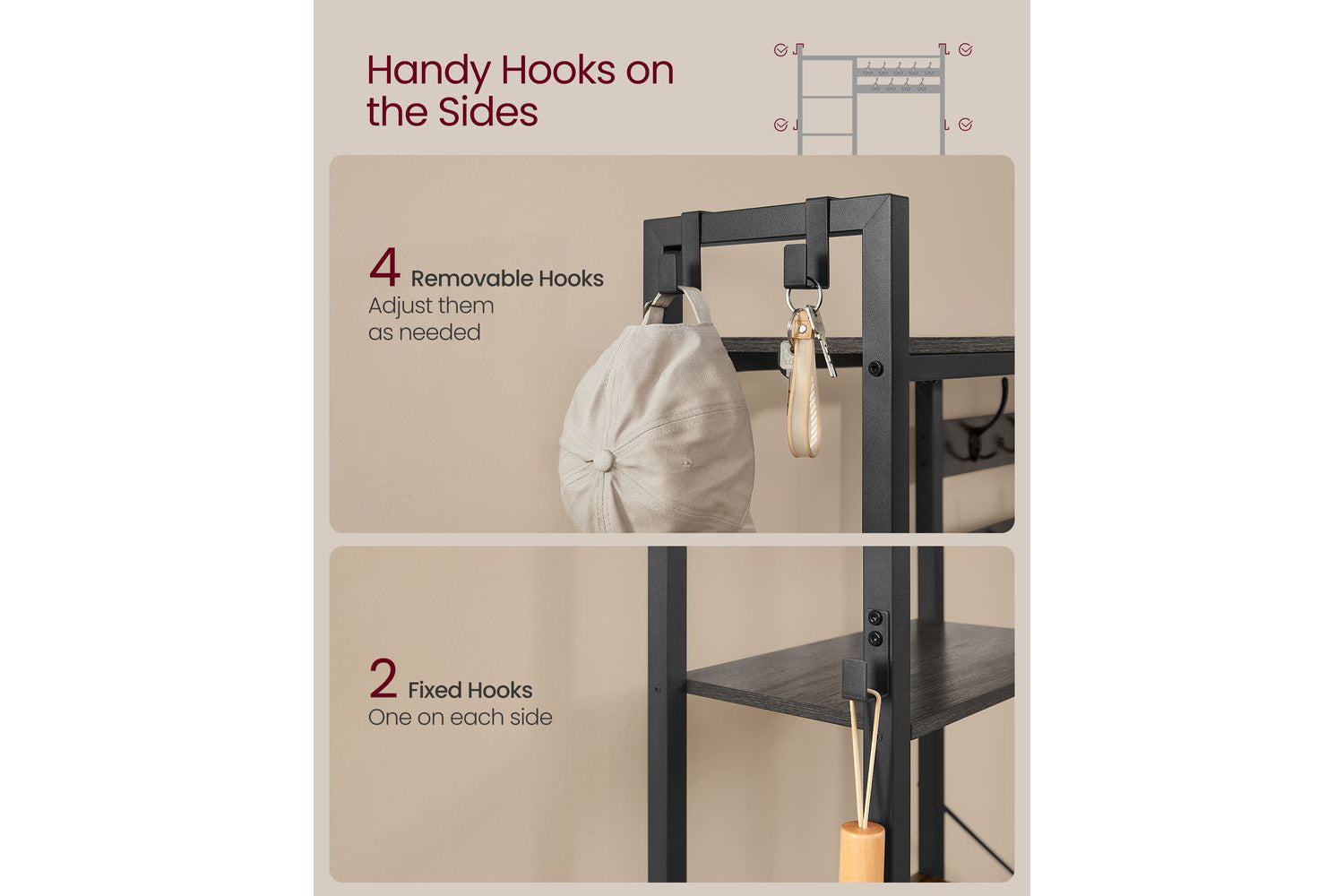 Vasagle Hall Tree With Bench And Shoe Storage, Entryway Coat Rack With Shoe Bench, 5 Storage Shelves, 9 Coat Hooks, 6 Side Hooks, 15.7 X 47.2 X 74.8 Inches, Stone Gray And Ink Black Hsr426b04-4