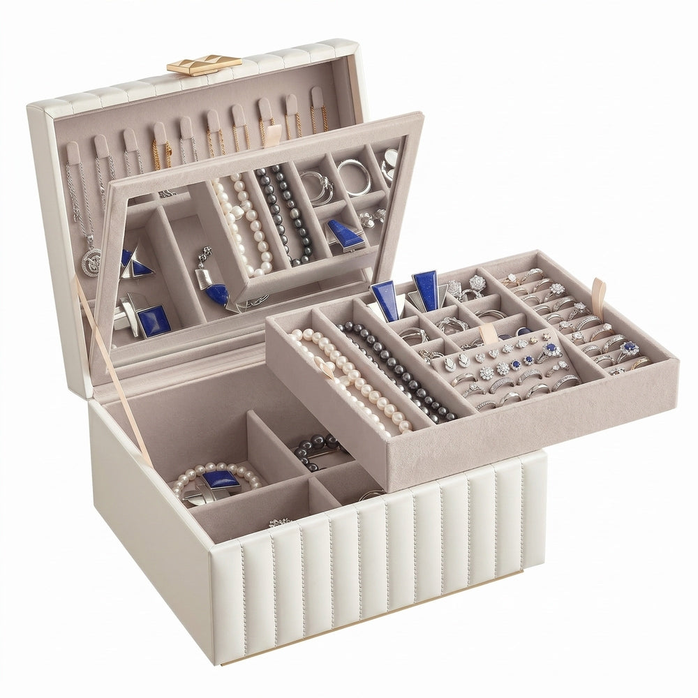 2-layer Jewelry Organizer | Mirror Jewellery Box | Pu Leather | White-2
