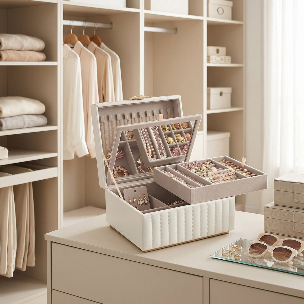 2-layer Jewelry Organizer | Mirror Jewellery Box | Pu Leather | White-4