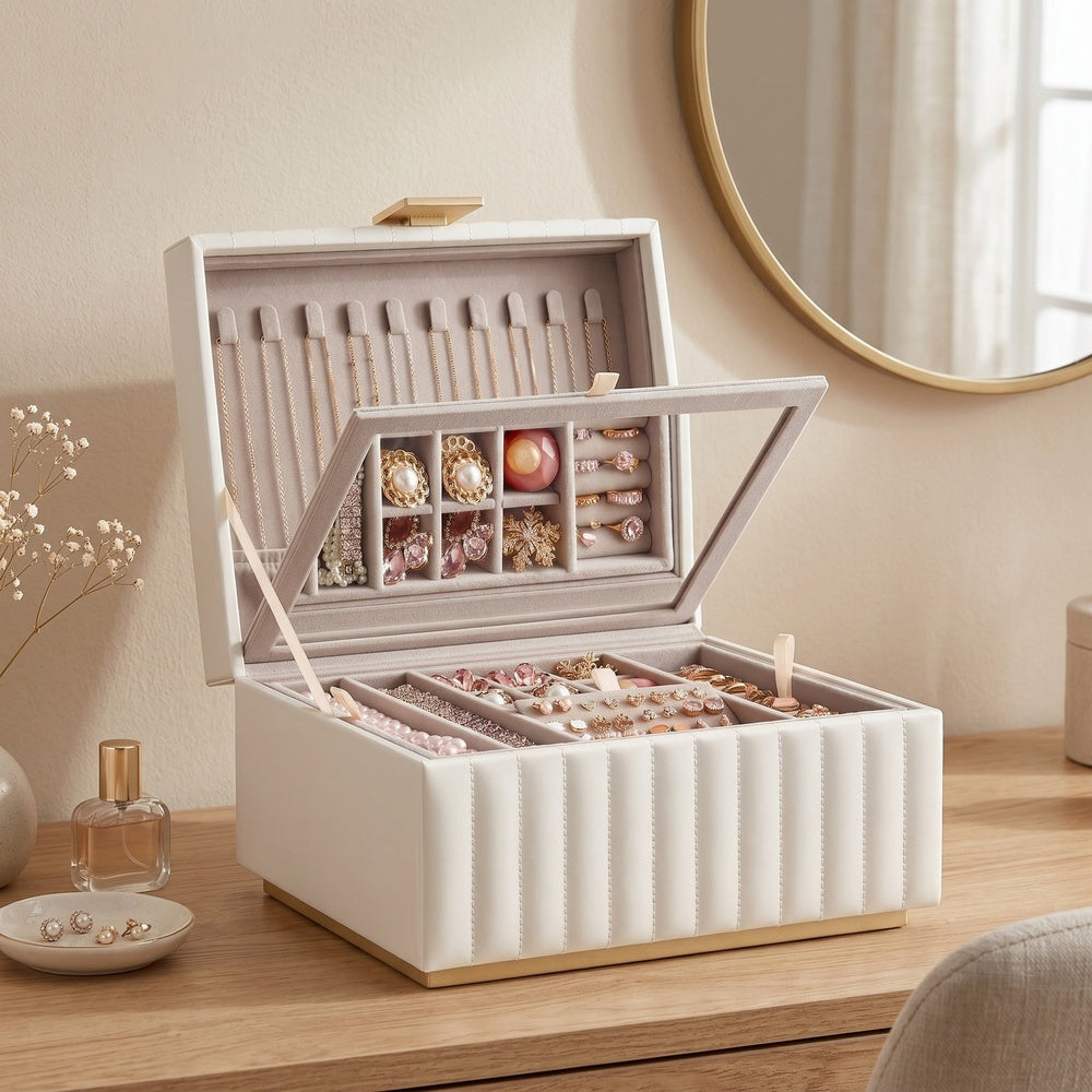 2-layer Jewelry Organizer | Mirror Jewellery Box | Pu Leather | White-5