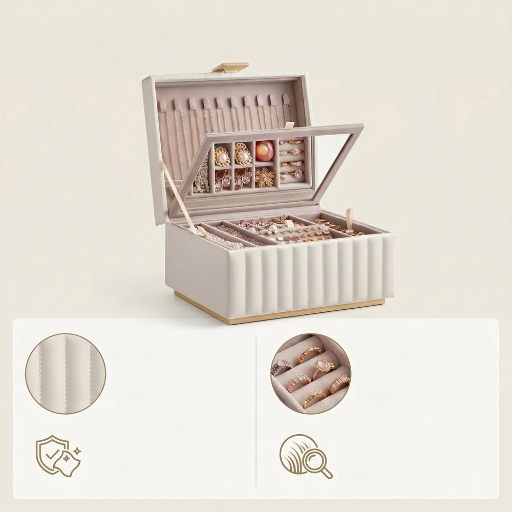 2-layer Jewelry Organizer | Mirror Jewellery Box | Pu Leather | White-6