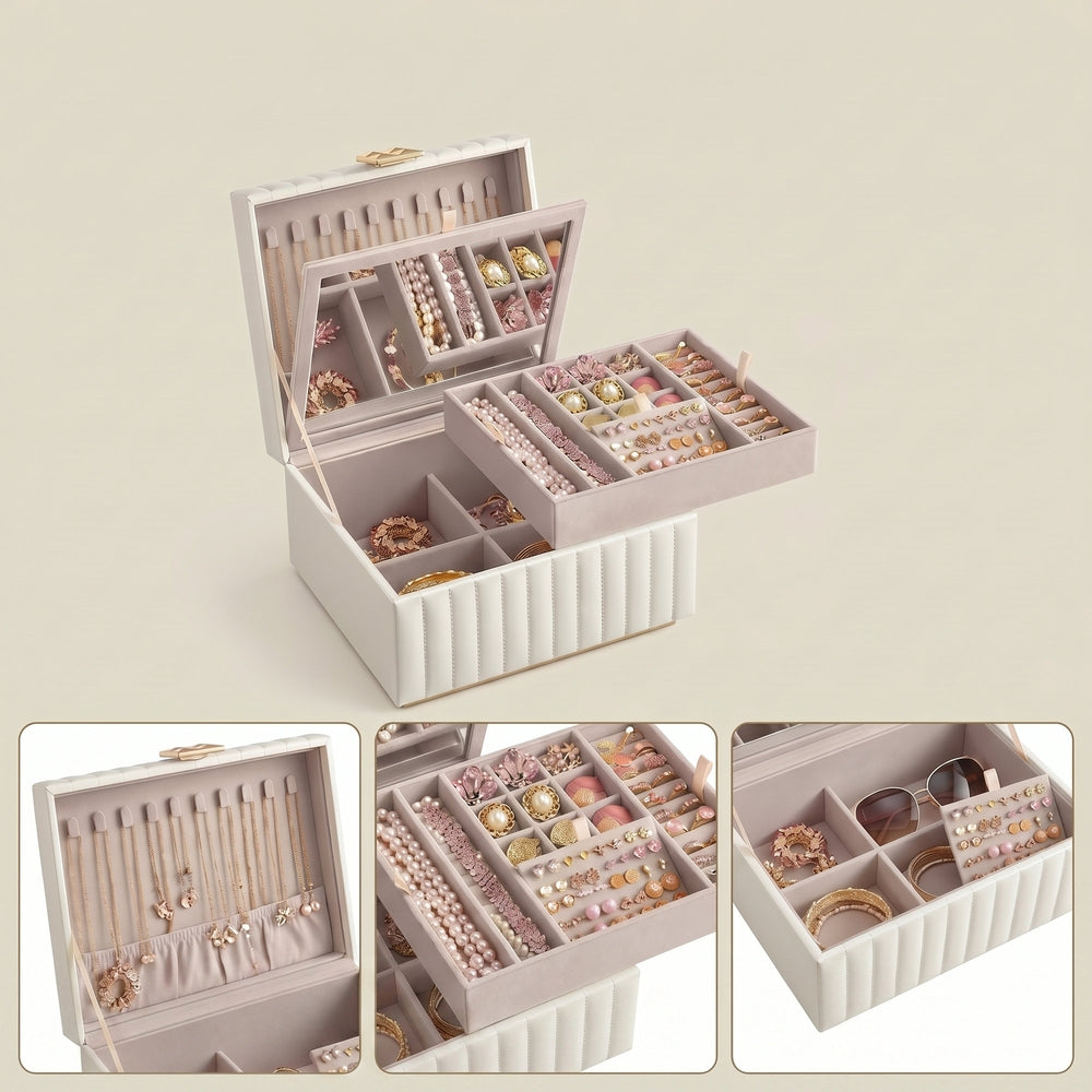 2-layer Jewelry Organizer | Mirror Jewellery Box | Pu Leather | White-7