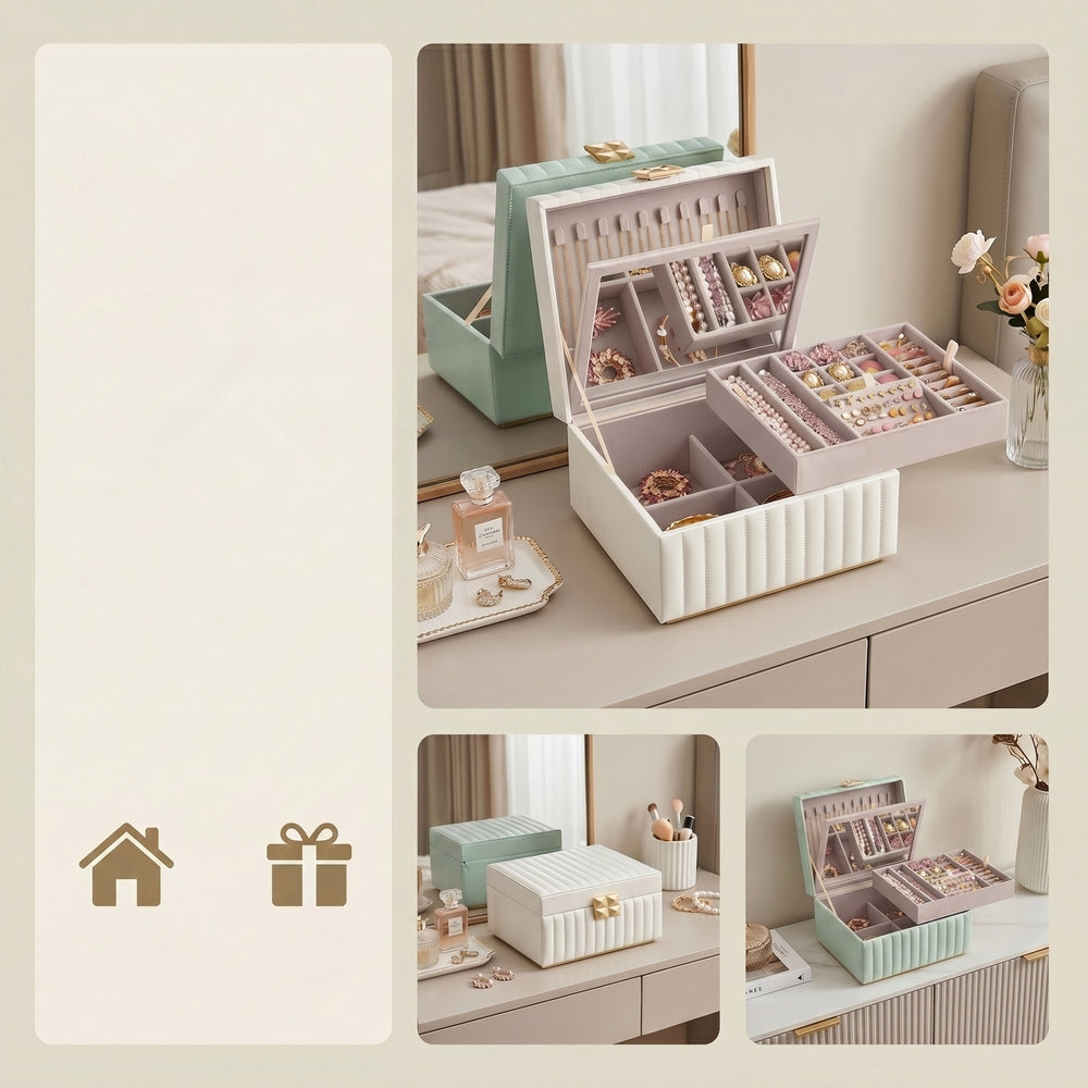 2-layer Jewelry Organizer | Mirror Jewellery Box | Pu Leather | White-8