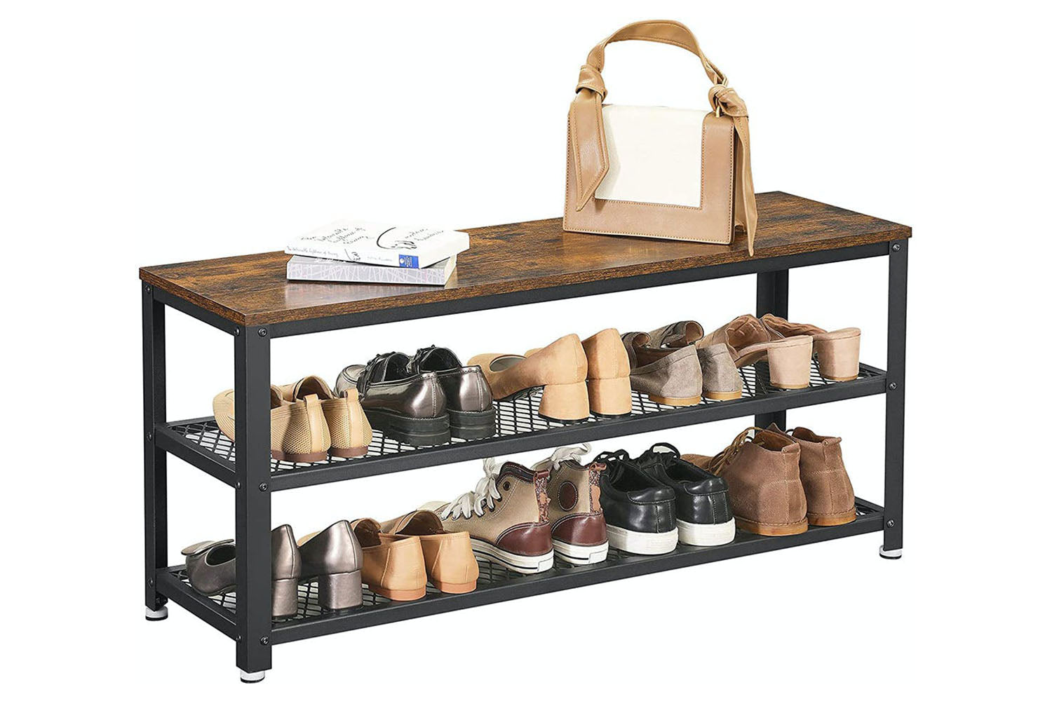 Vasagle 3-tier Shoe Storage Bench | Rustic Brown & Black-2