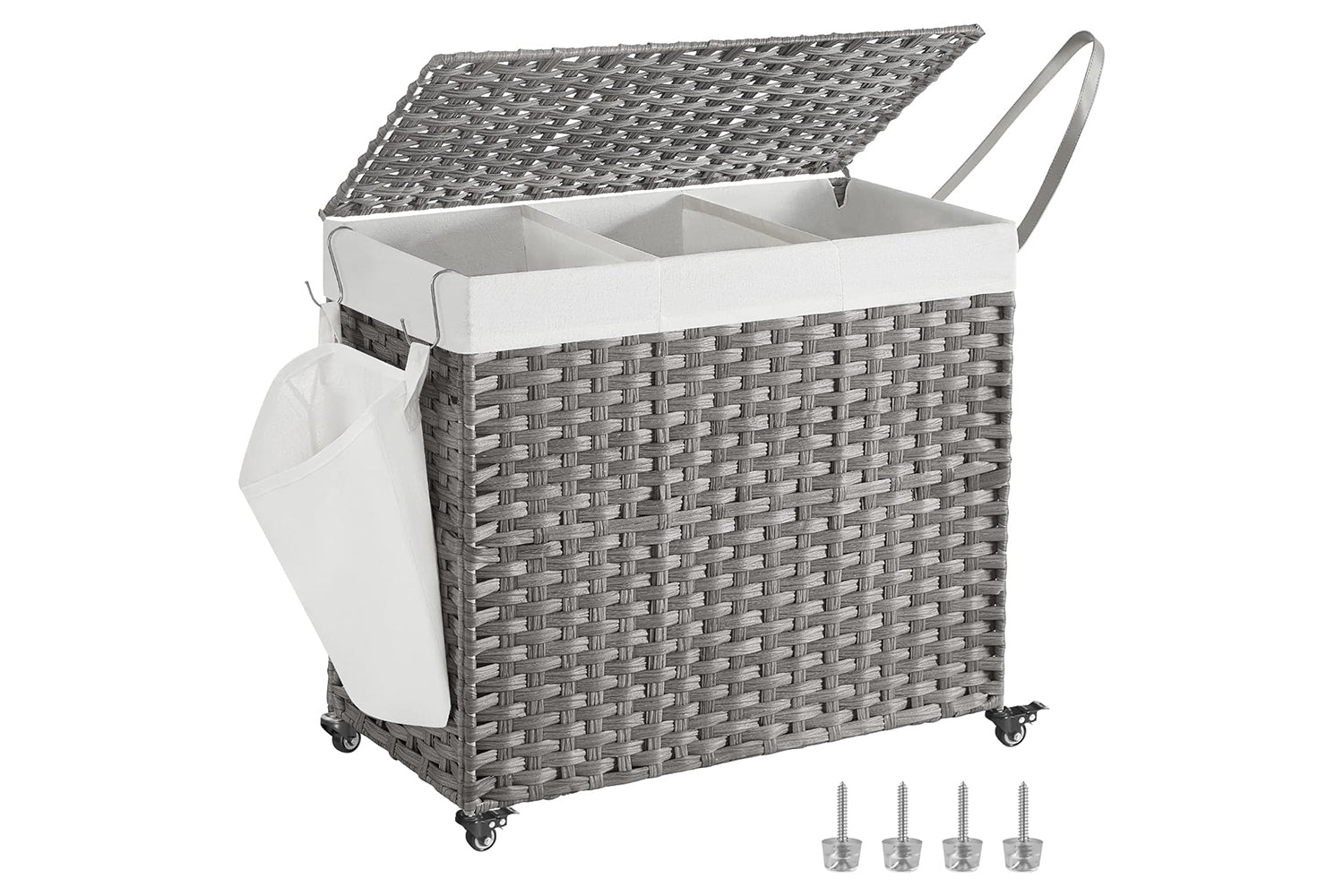 Songmics Laundry Basket With Lid, 160 L, Laundry Hamper, 3 Compartments, Laundry Sorter With Wheels, Rattan Look, Laundry Bag, Removable, For Laundry Room, 70 X 36 X 66 Cm, Grey Lcb365g01