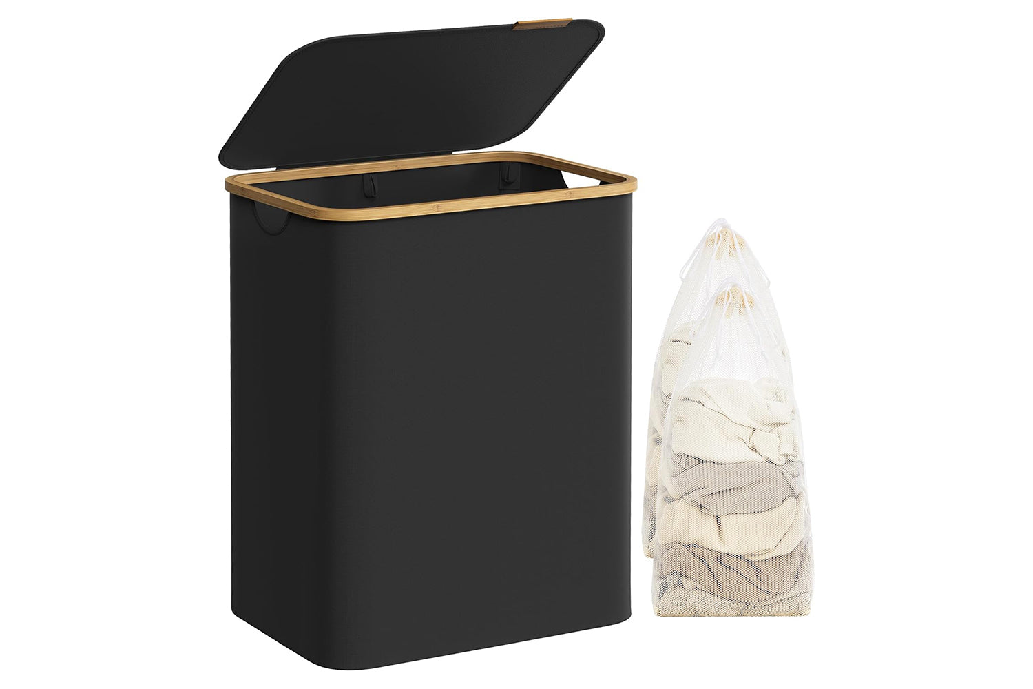 Songmics Laundry Basket With Lid, 2-section Large Laundry Hamper, 130l, Removable Mesh Liner, Oxford Fabric, Bamboo Handles, Collapsible, 52 X 38.5 X 70.5 Cm, Ink Black Lcb513b01