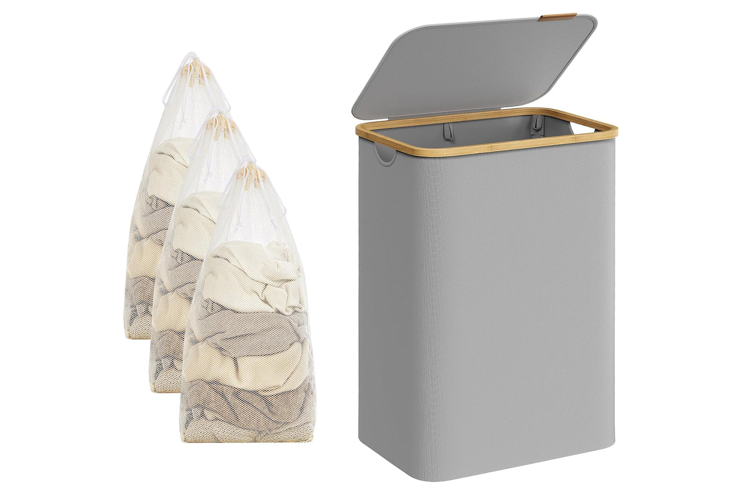 Songmics Laundry Basket With Lid, 2-section Large Laundry Hamper, 130l, Removable Mesh Liner, Oxford Fabric, Bamboo Handles, Collapsible, 52 X 38.5 X 70.5 Cm, Dove Grey Lcb513g01