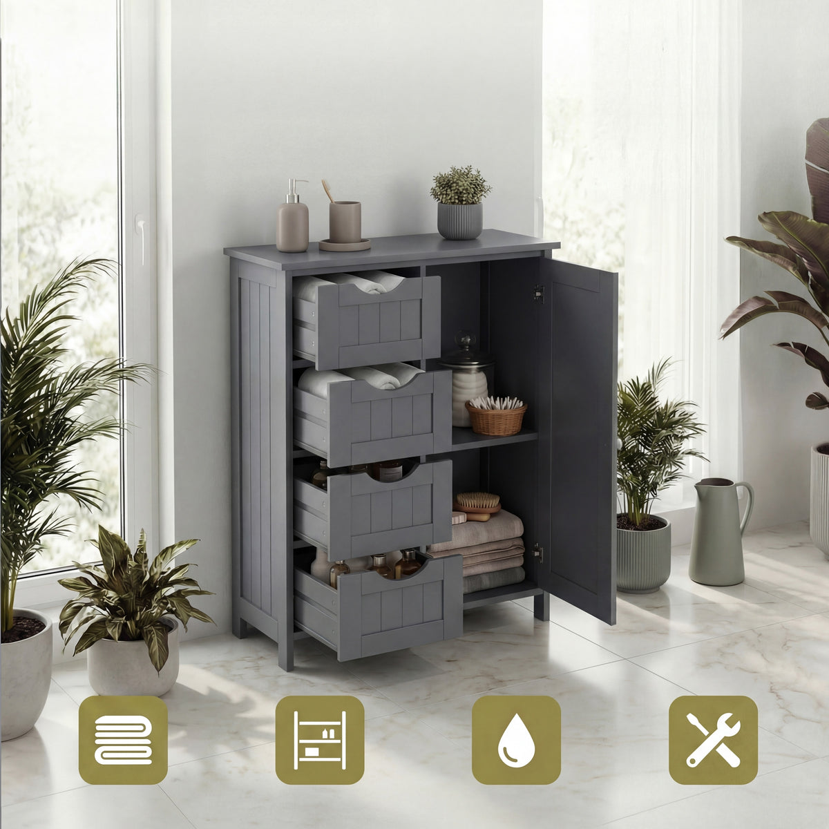 Bathroom Floor Storage Cabinet | Bathroom Storage Unit | Mdf | 30 X 55 X 82 Cm-6