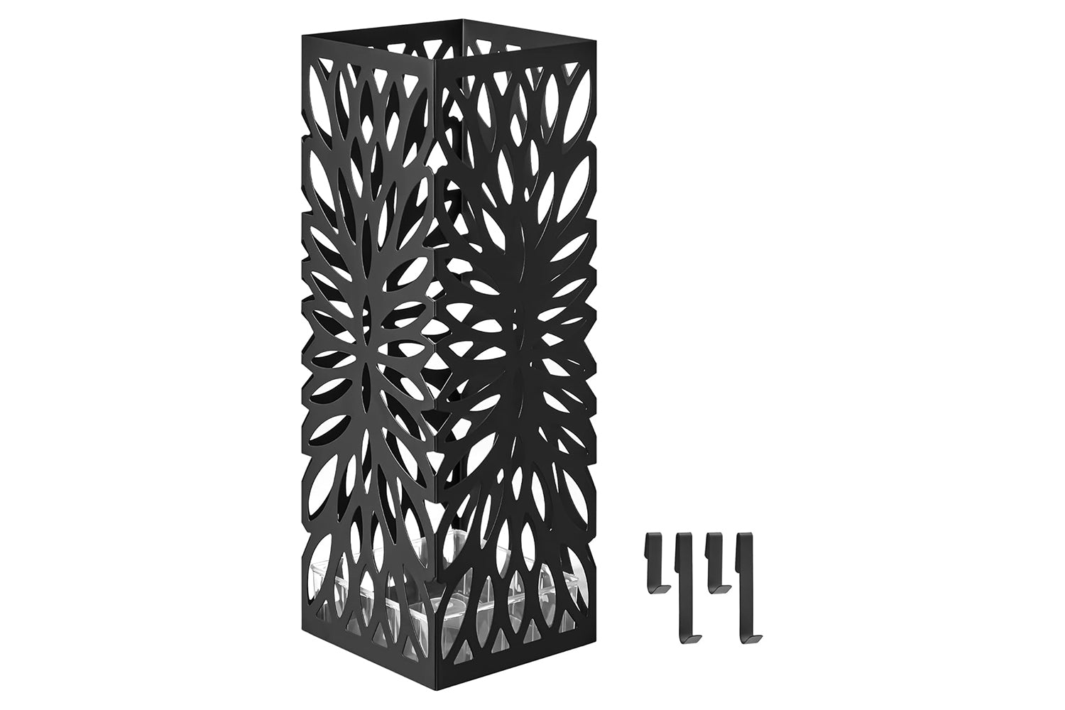 Songmics Umbrella Stand, Umbrella Holder For Entryway, Steel Square Umbrella Rack Organizer Freestanding, For Canes Walking Sticks, With A Detachable Drip Tray, 4 Hooks, Black Luc026b33