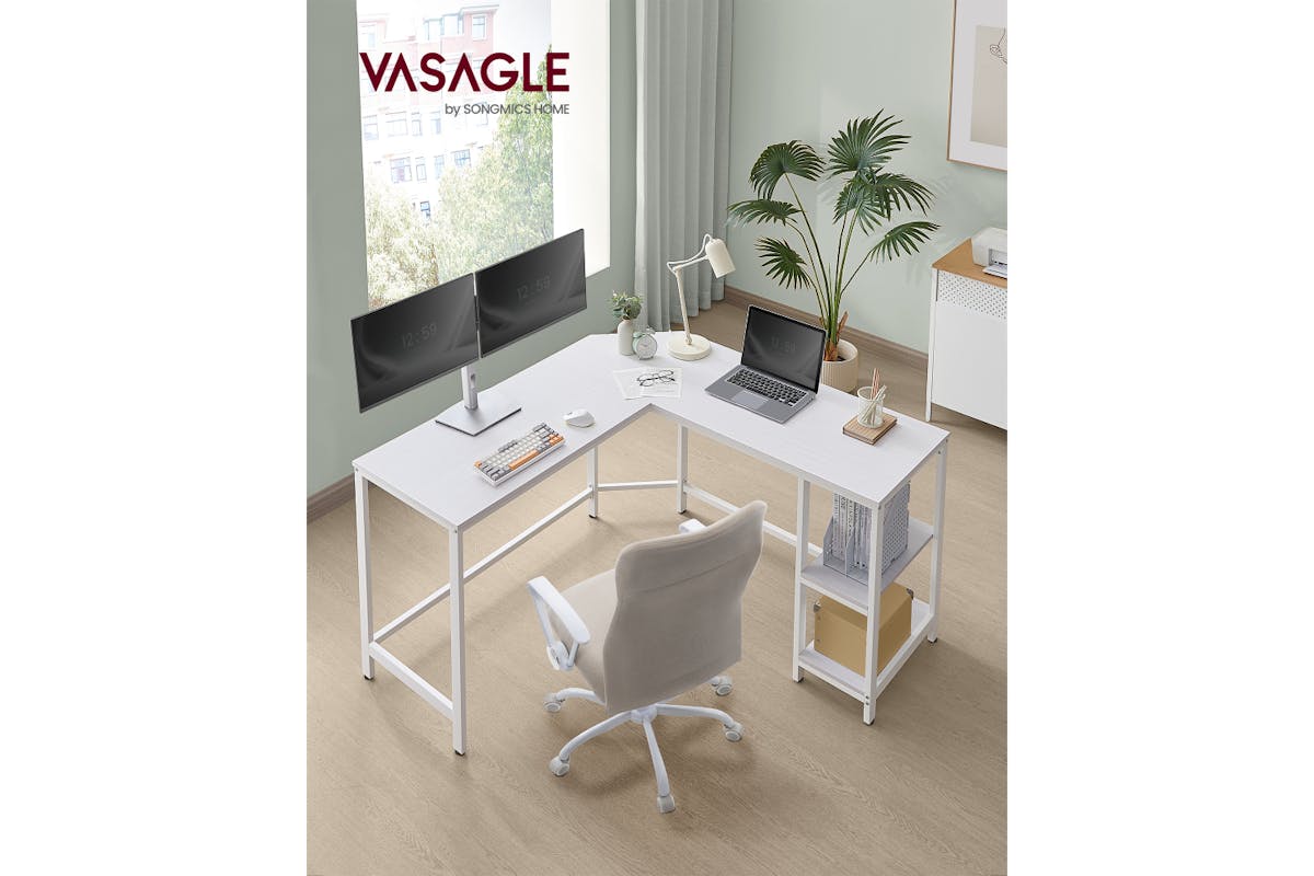 Vasagle L-shaped Computer Desk with 2 Storage Shelves | Maple White-2