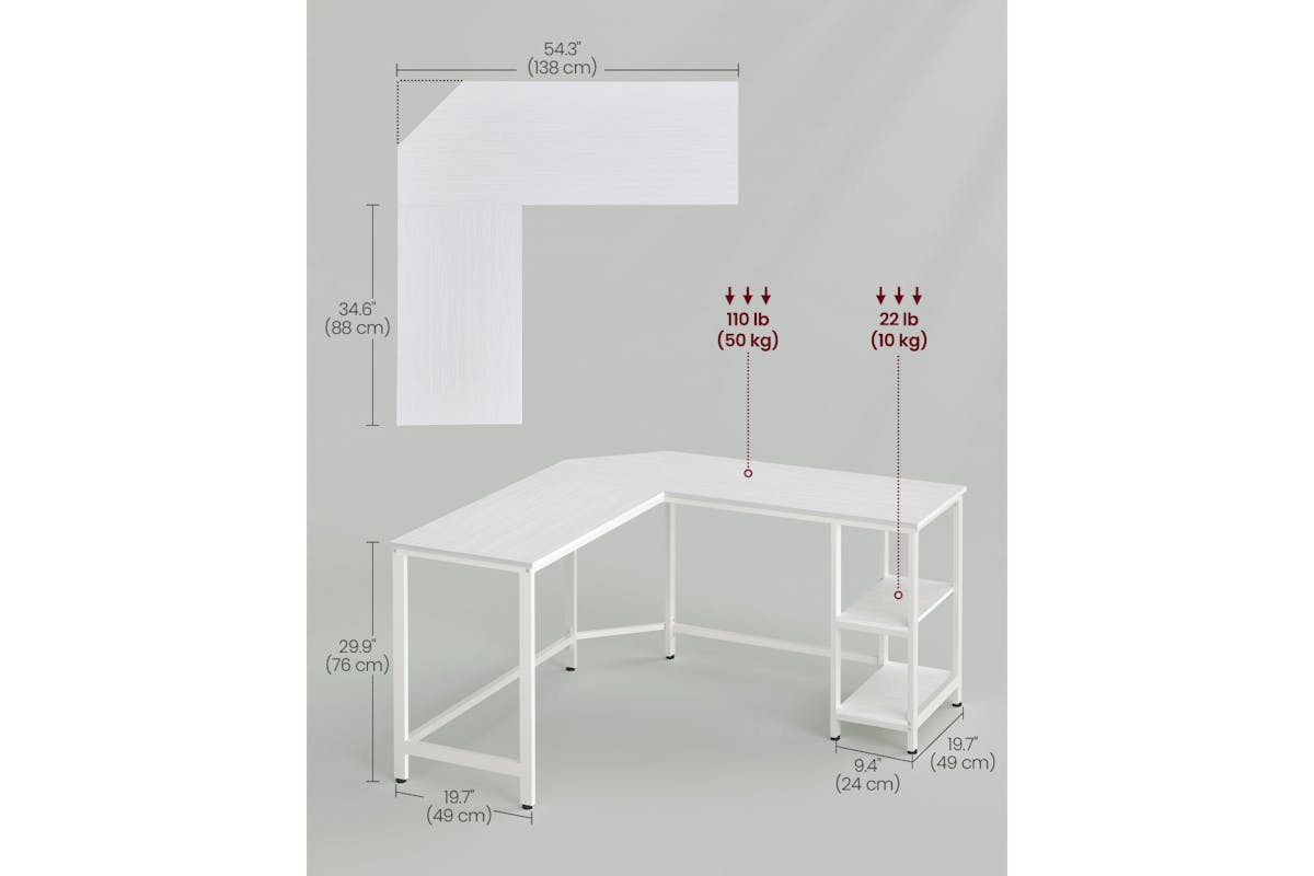 Vasagle L-shaped Computer Desk with 2 Storage Shelves | Maple White-7