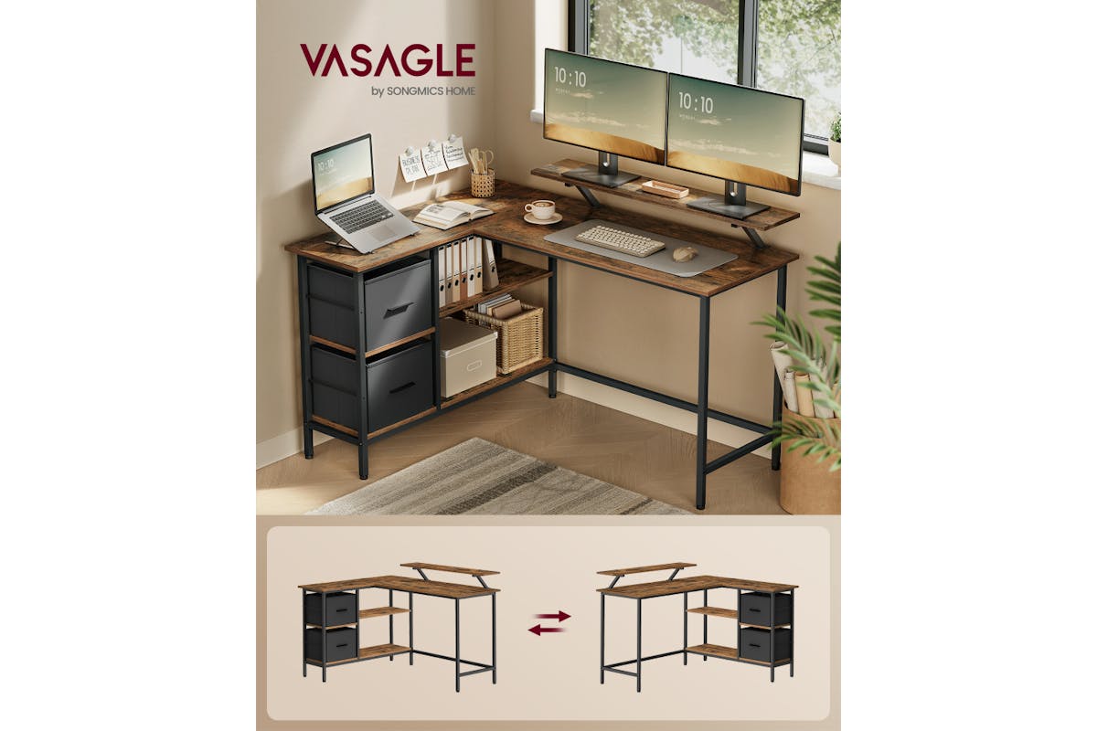 Vasagle L-shaped Desk With 2 Spacious Drawers | Rustic Brown-2