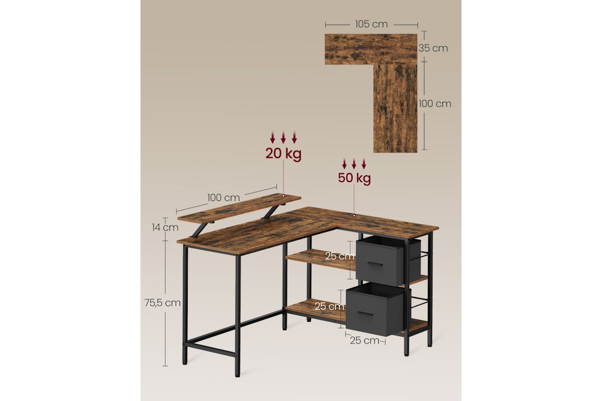 Vasagle L-shaped Desk With 2 Spacious Drawers | Rustic Brown-6