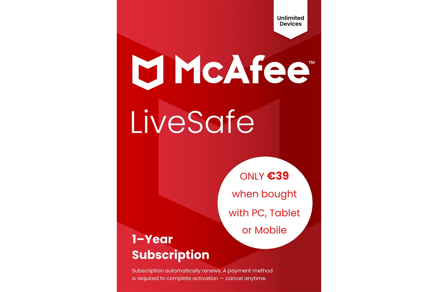 McAfee LiveSafe Online Protection & Internet Security | 1‑Year Subscription (Auto‑Renewal)